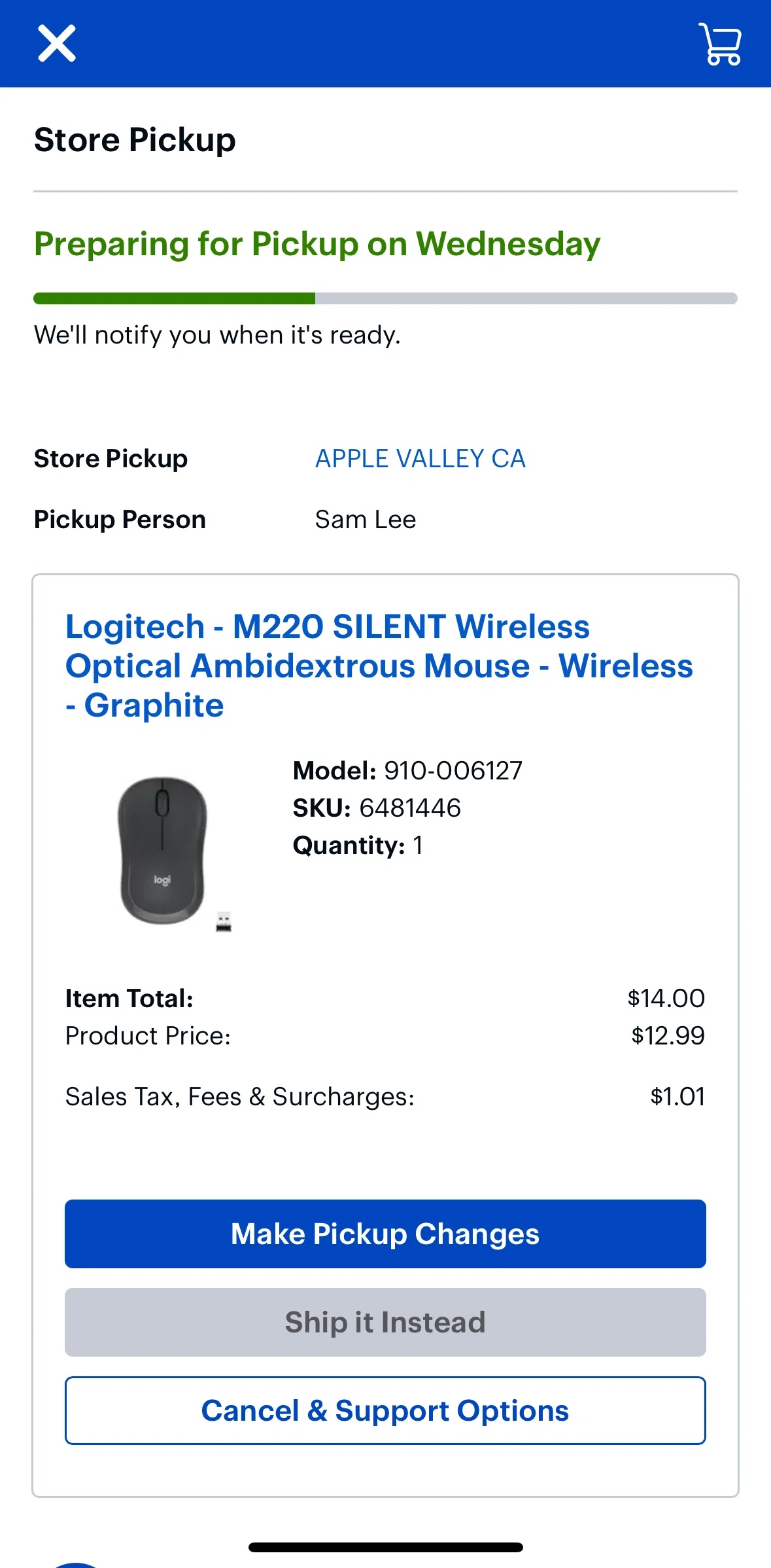 Best Buy Screen screen in the Updating pickup order flow