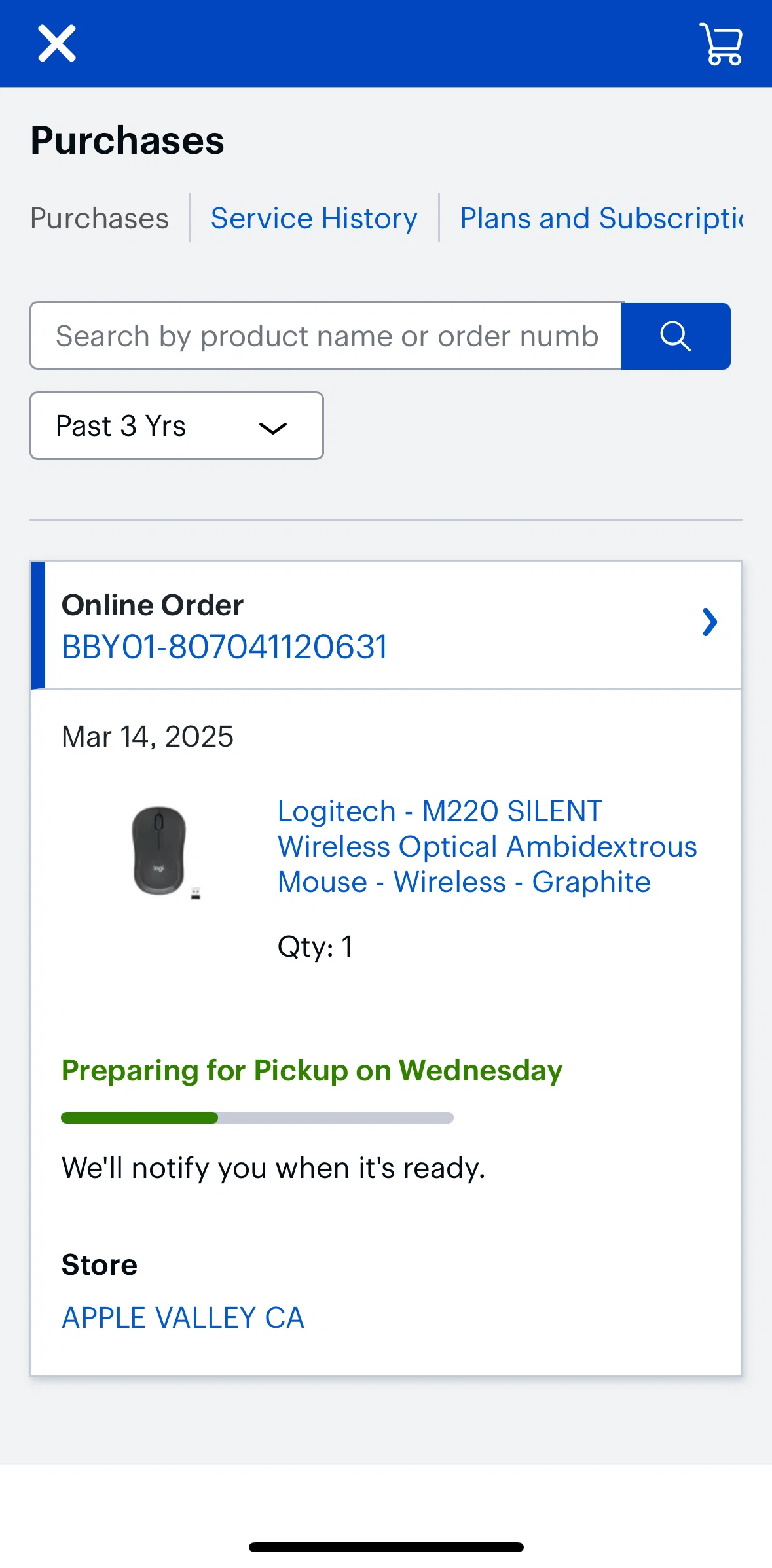 Best Buy Screen screen in the View order details flow