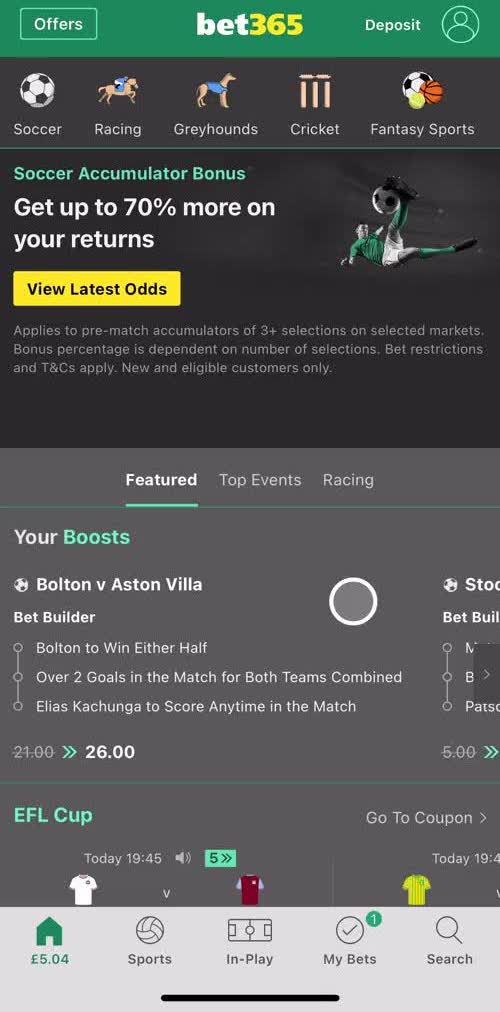 Bet365 Home screen in the General Browsing flow
