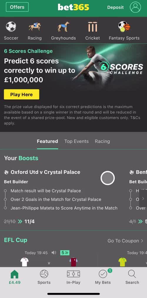 Bet365 Home screen in the Placing Bets flow