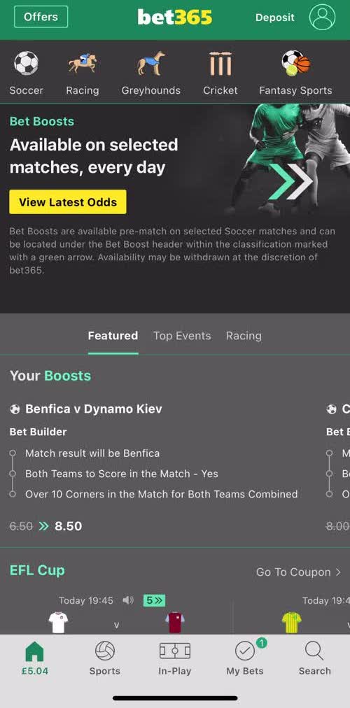 Bet365 Home screen in the Searching flow