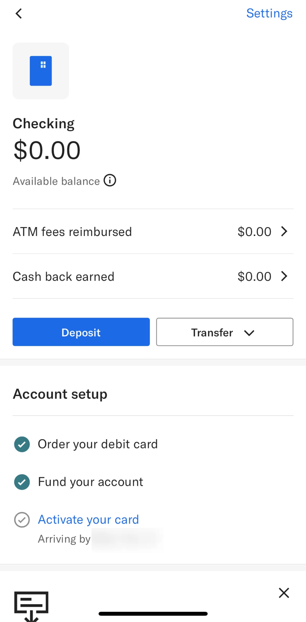 Betterment Screen screen in the Adding funds to checking account flow