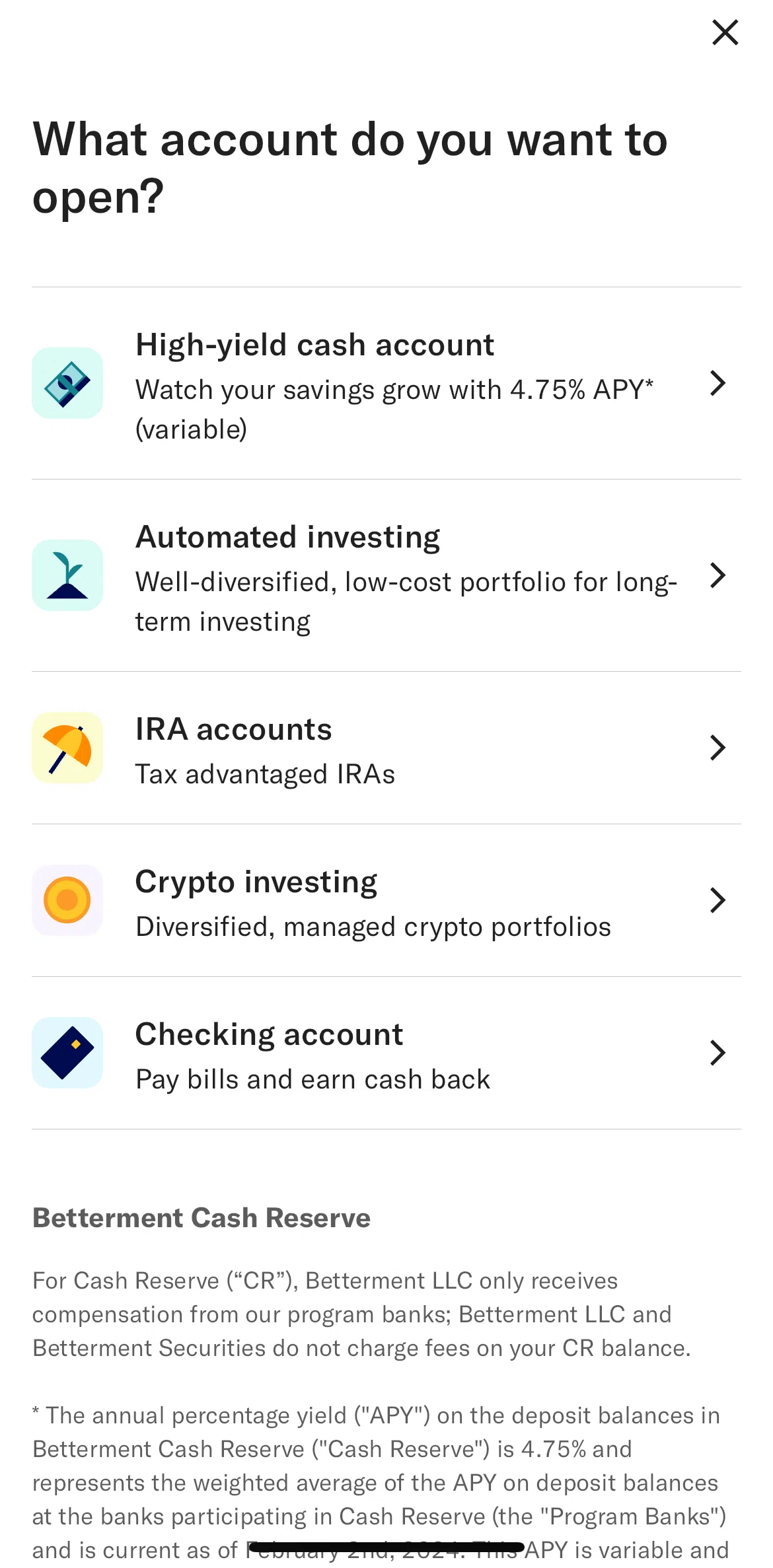 Betterment Screen screen in the Crypto investing flow