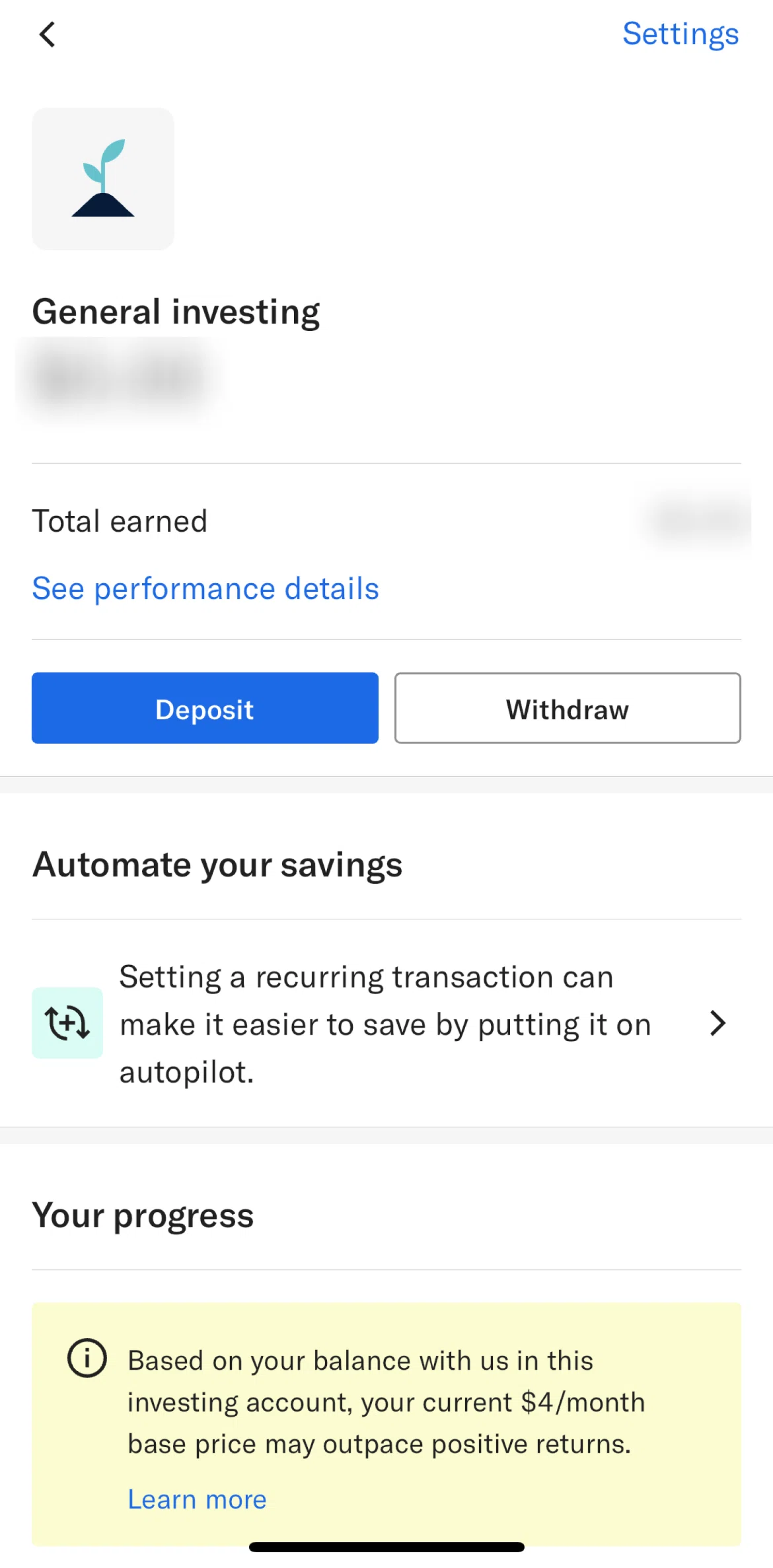 Betterment Screen screen in the Scheduling a recurring deposit flow