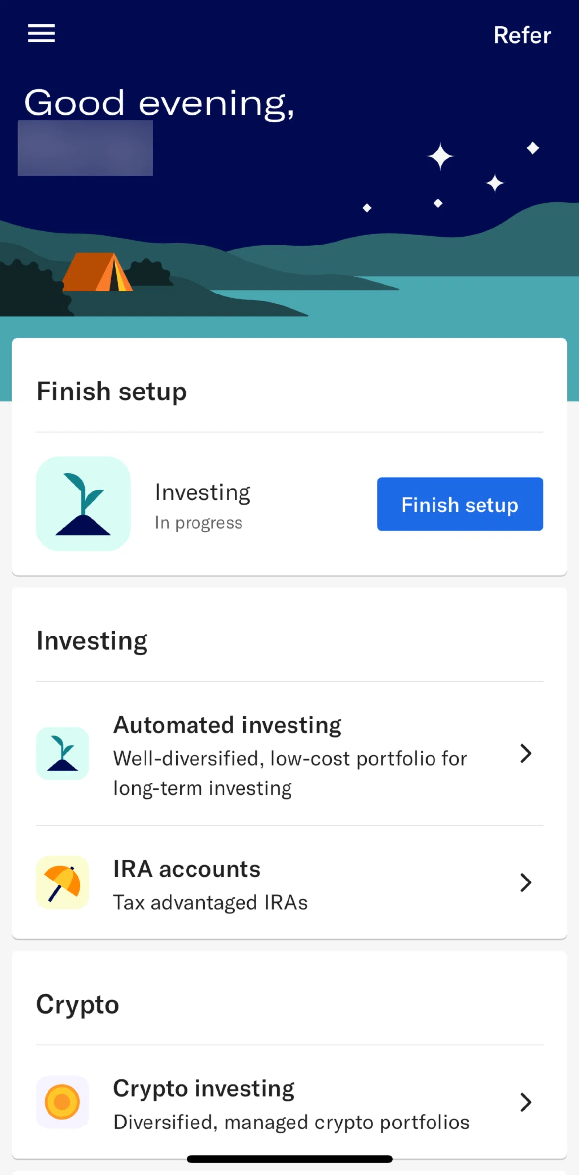 Betterment Screen screen in the Setting up an investing account flow