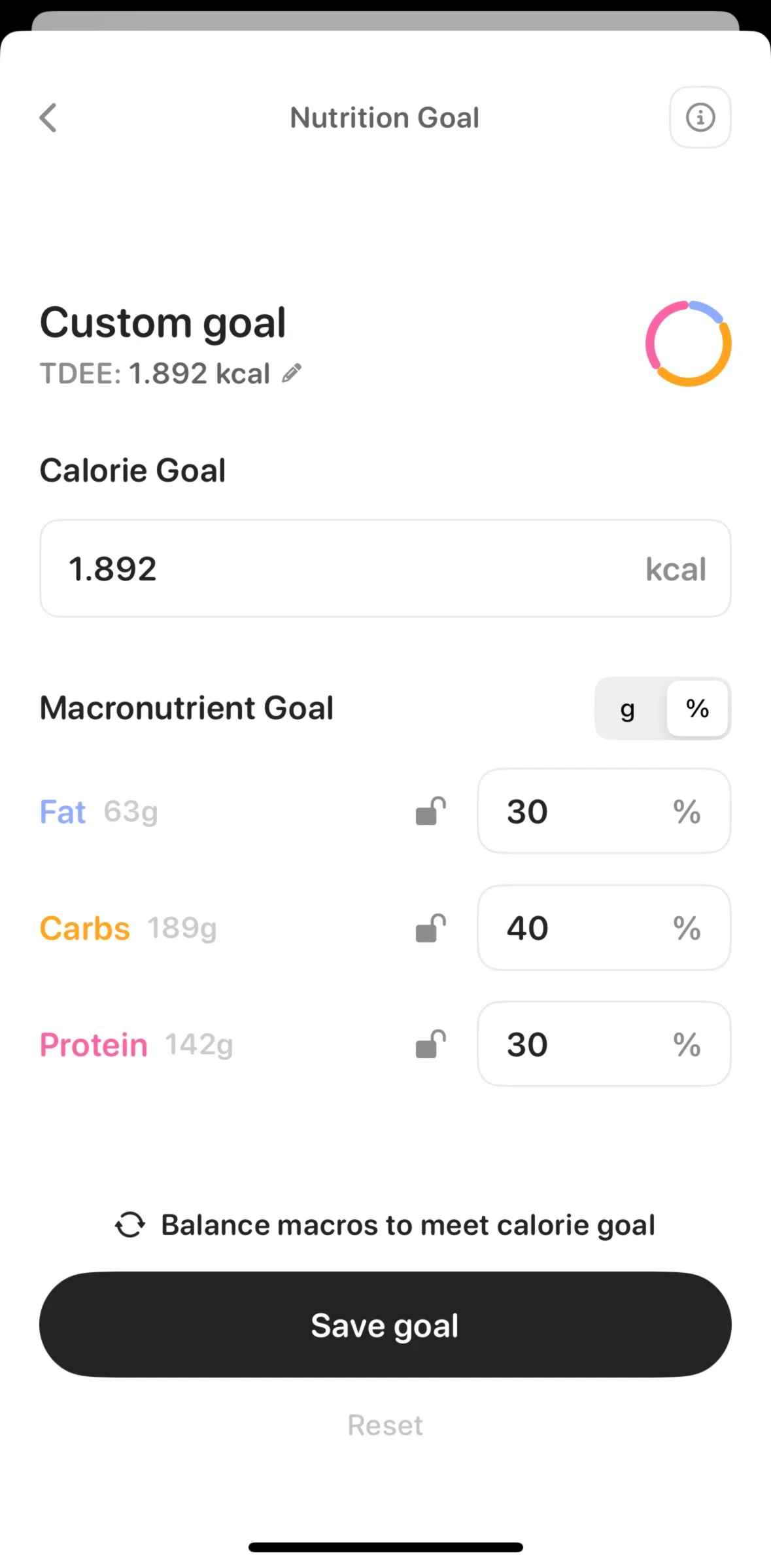 Bevel Screen screen in the About macronutrients flow