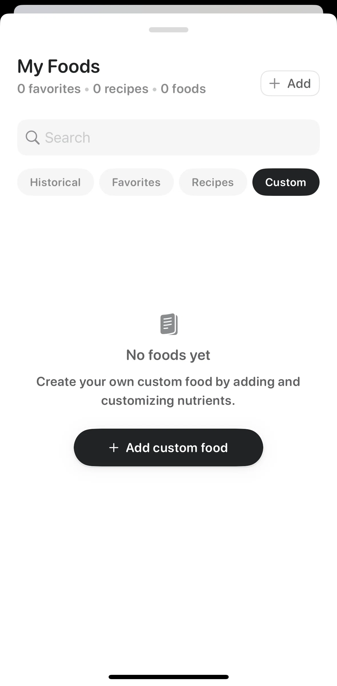 Bevel Screen screen in the Adding a custom food flow
