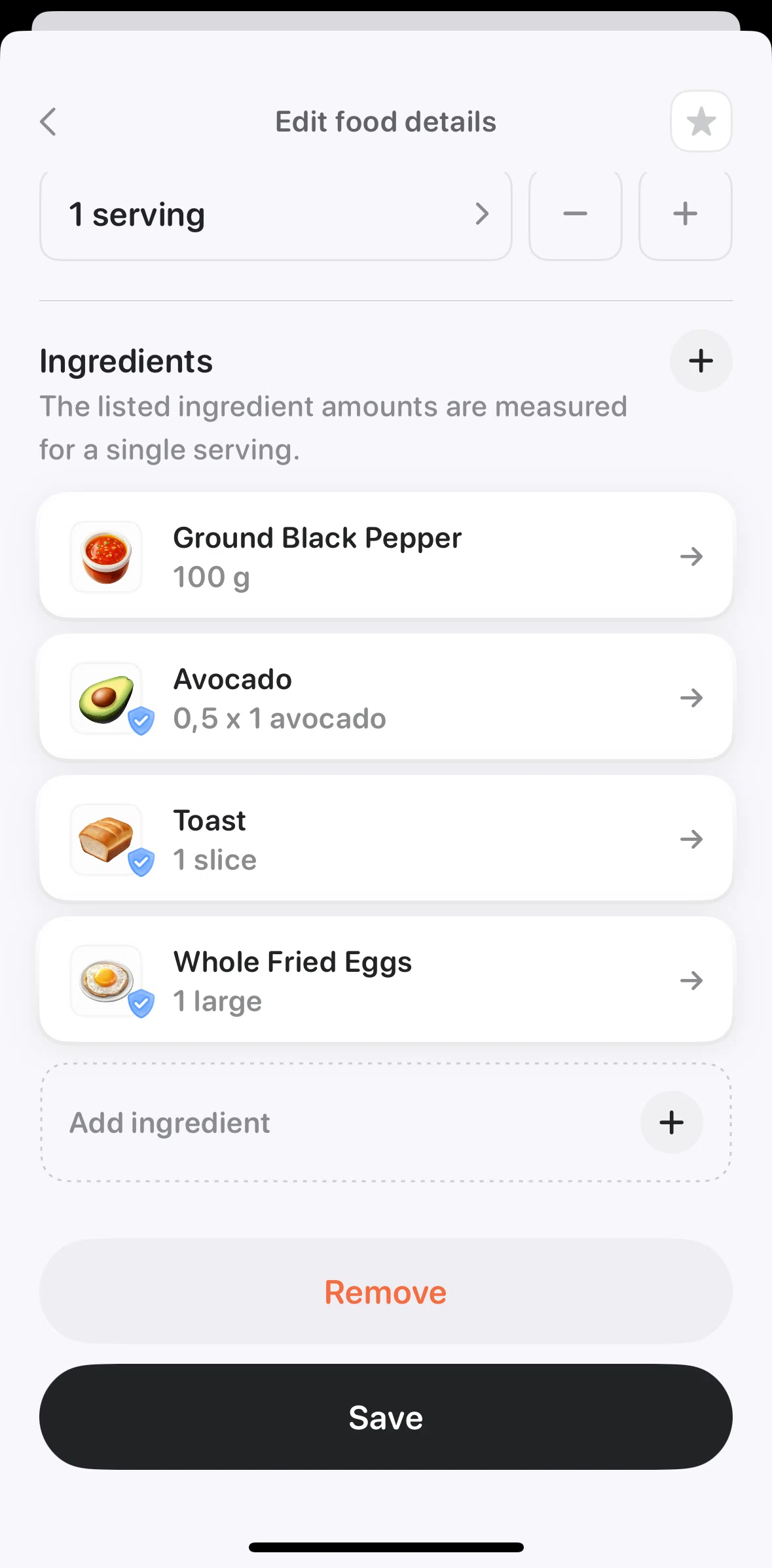 Bevel Screen screen in the Adding an ingredient flow