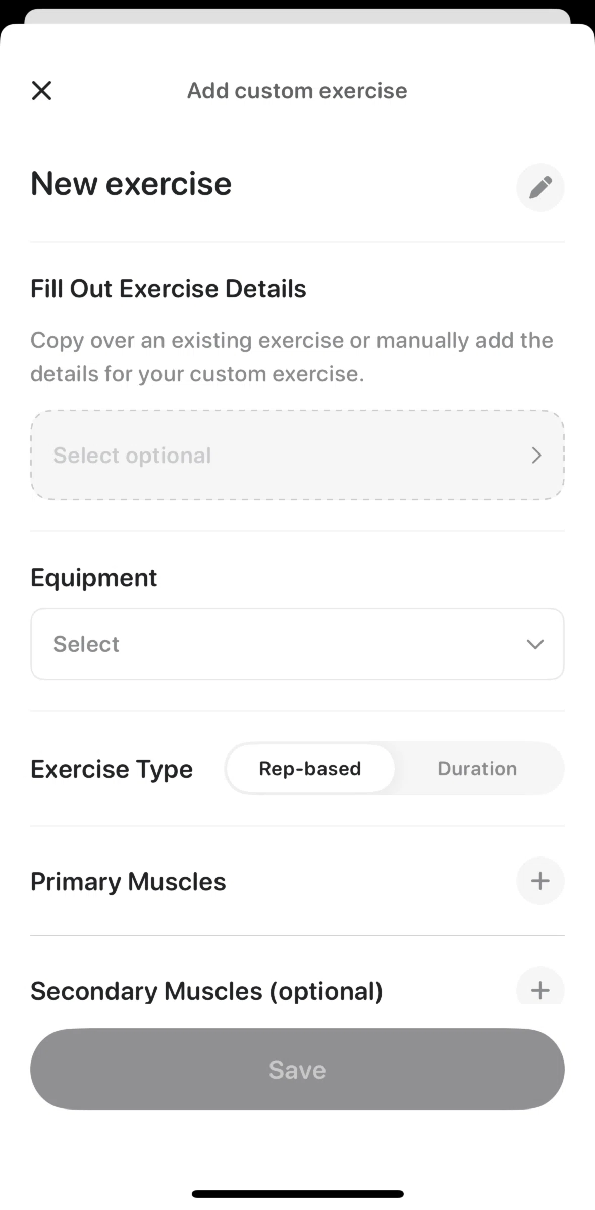 Bevel Screen screen in the Copying an exercise flow