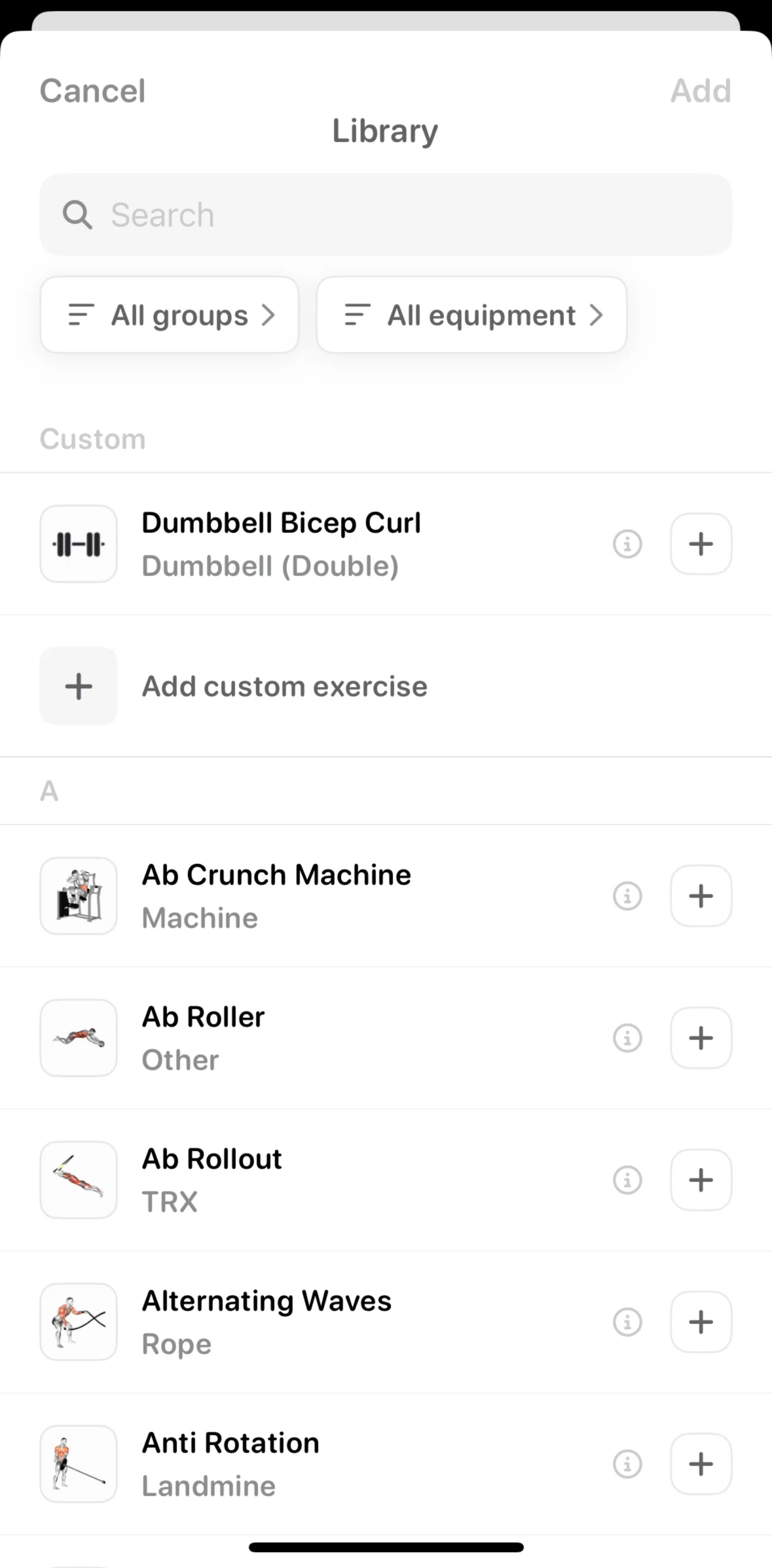 Bevel Screen screen in the Deleting a custom exercise flow