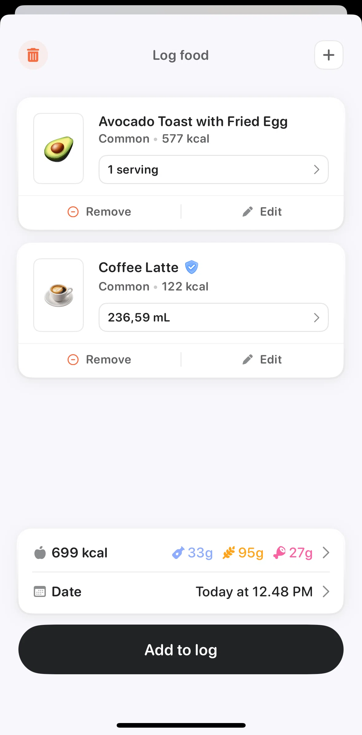 Bevel Screen screen in the Edit food detail flow