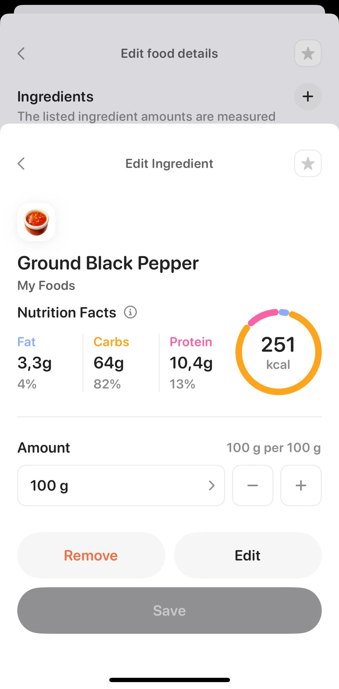 Bevel Screen screen in the Editing a food icon flow