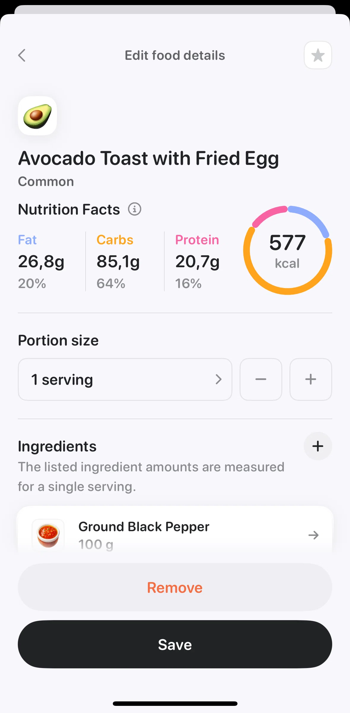 Bevel Screen screen in the Favoriting a food flow