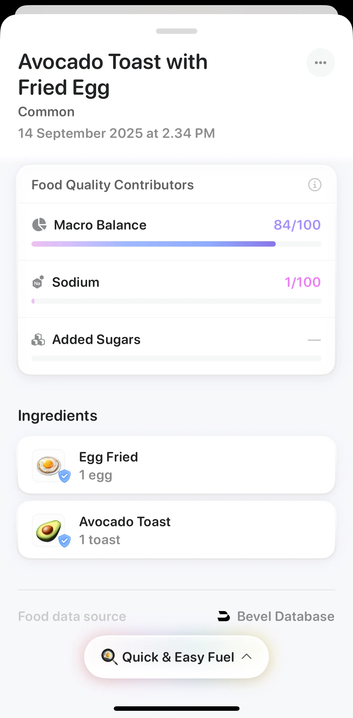 Bevel Screen screen in the Food quality contributors flow
