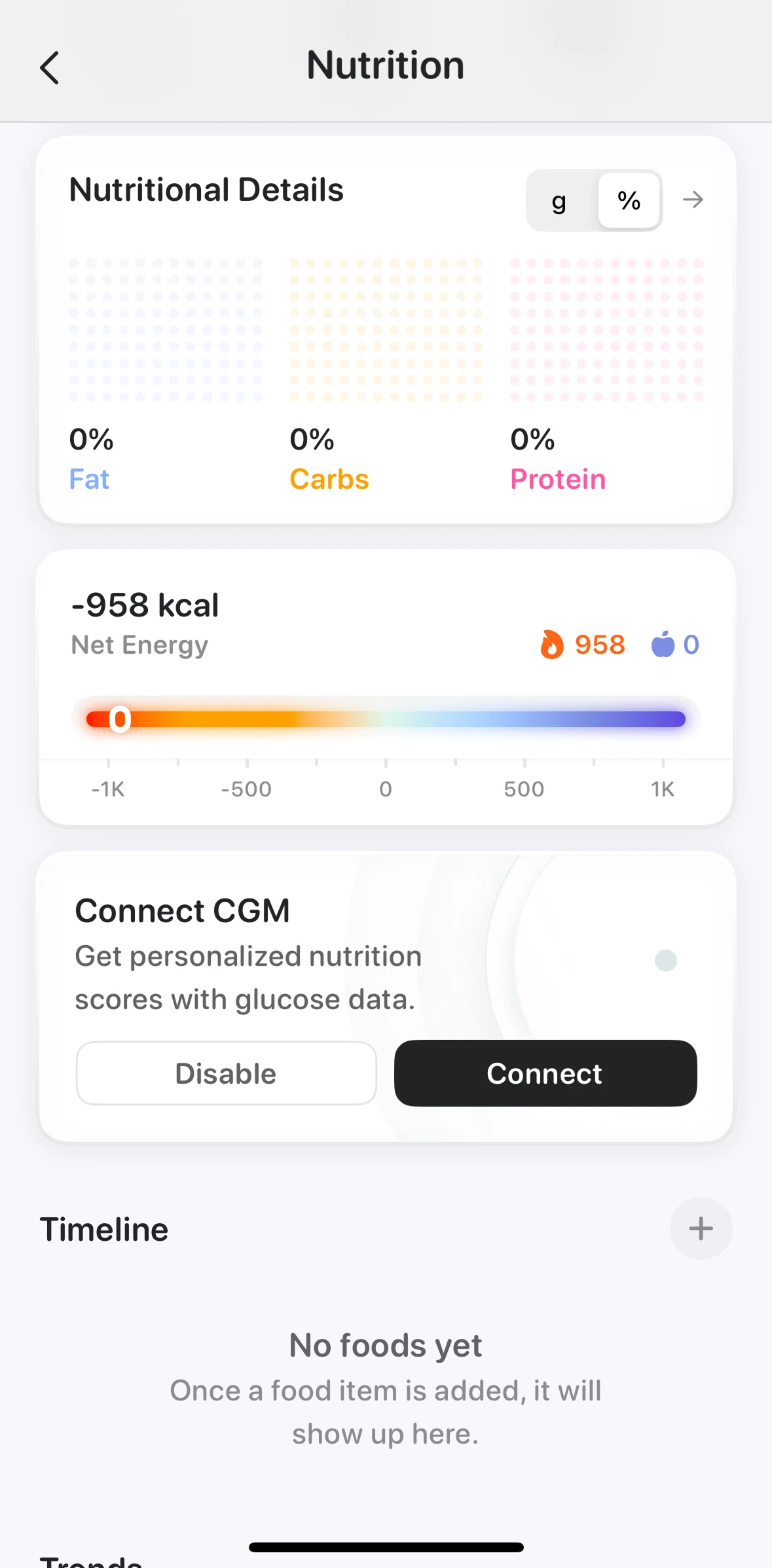 Bevel Screen screen in the Nutritional detail flow