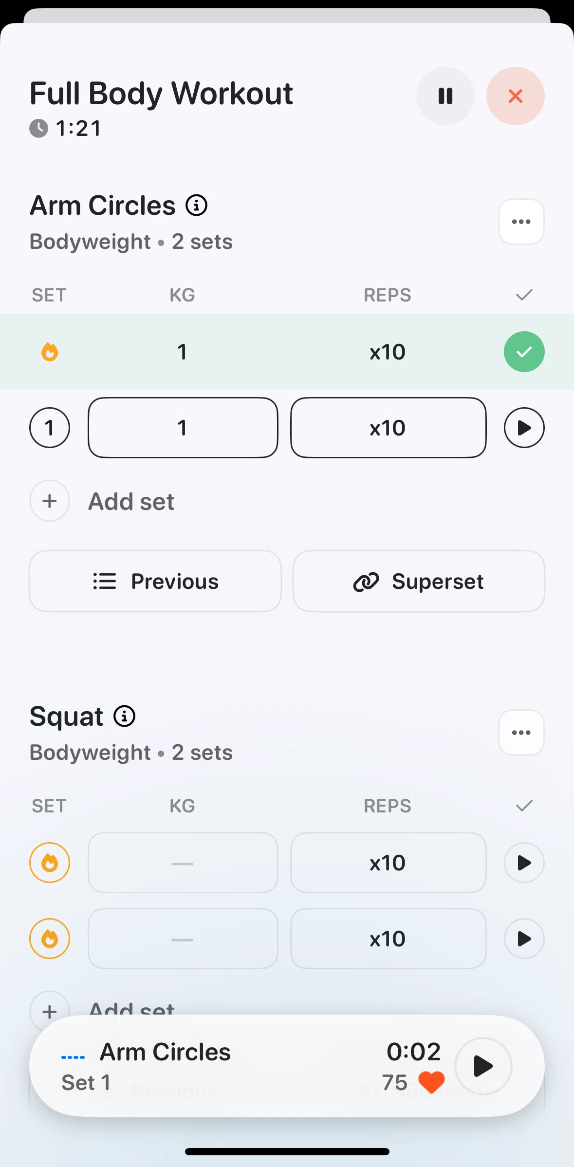 Bevel Screen screen in the Previous recorded workout flow