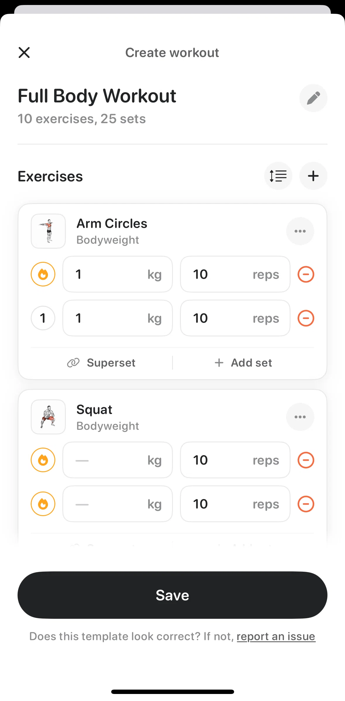 Bevel Screen screen in the Saving a workout template flow