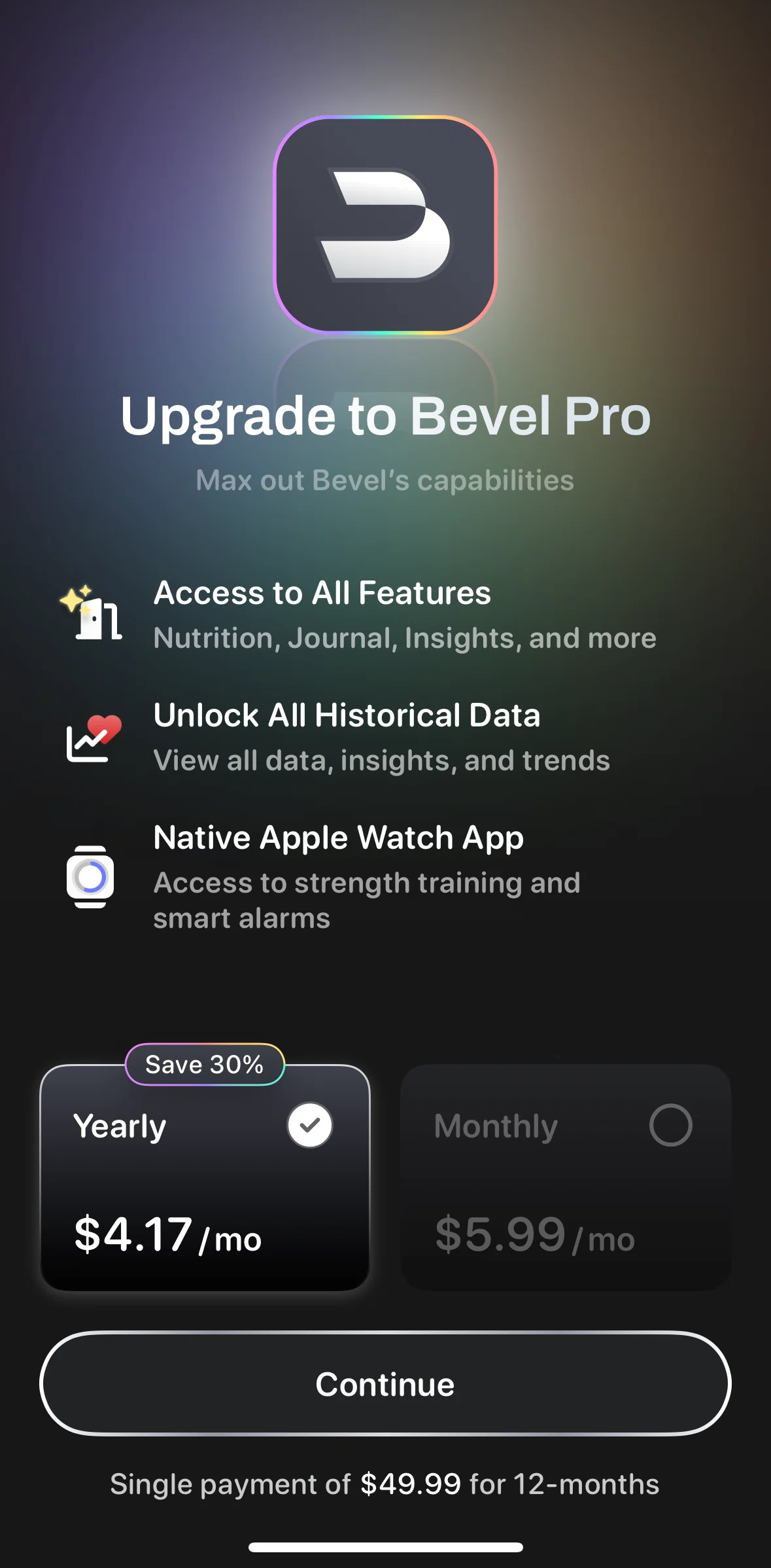 Bevel Screen screen in the Subscribing to Bevel Pro flow