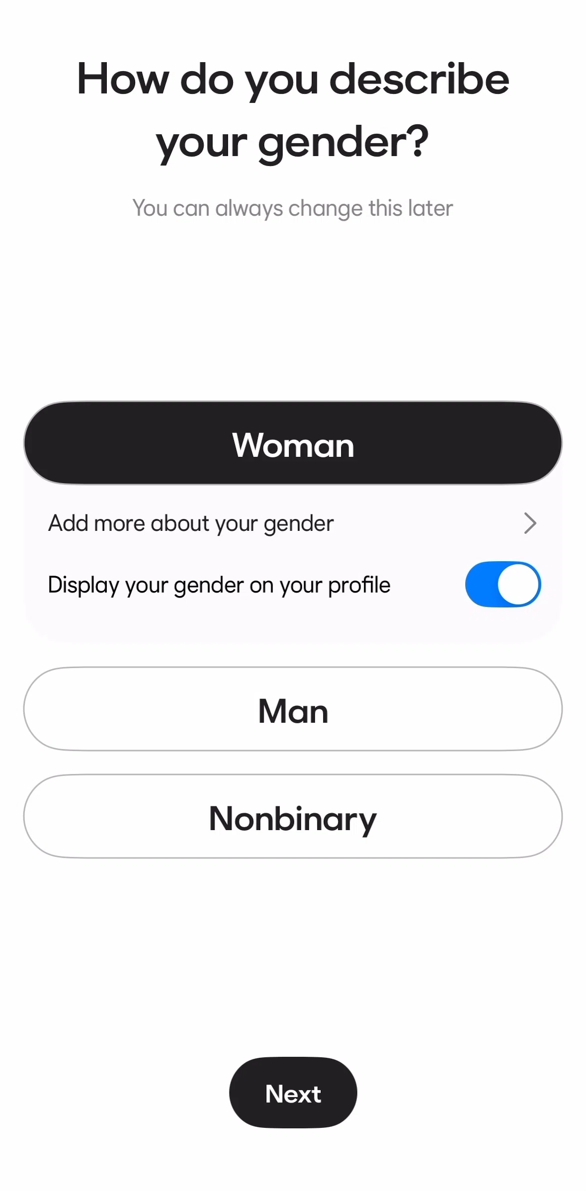 BFF Screen screen in the Add more about your gender flow