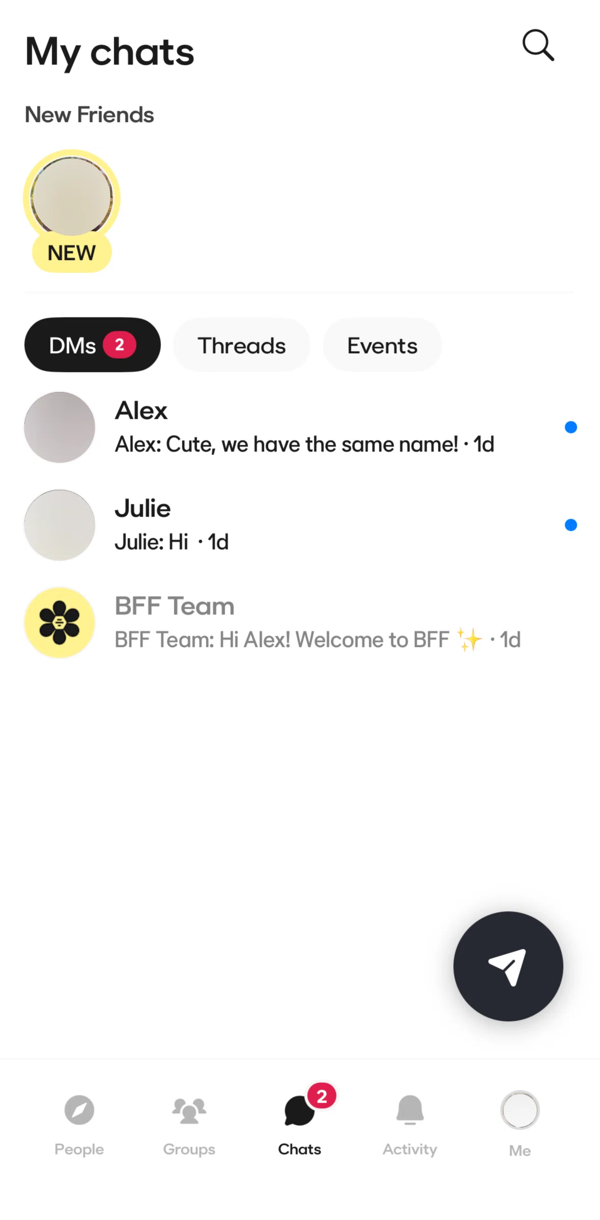BFF Screen screen in the Searching chats flow