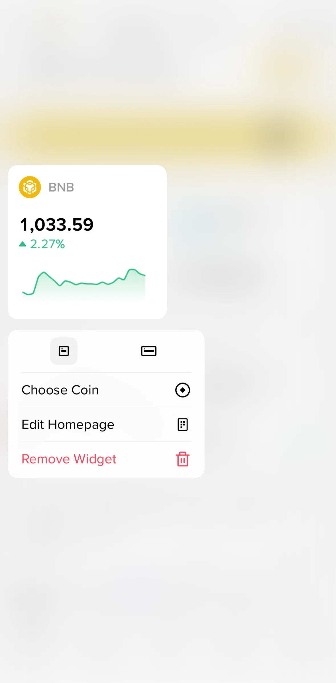 Binance Screen screen in the Add a widget flow