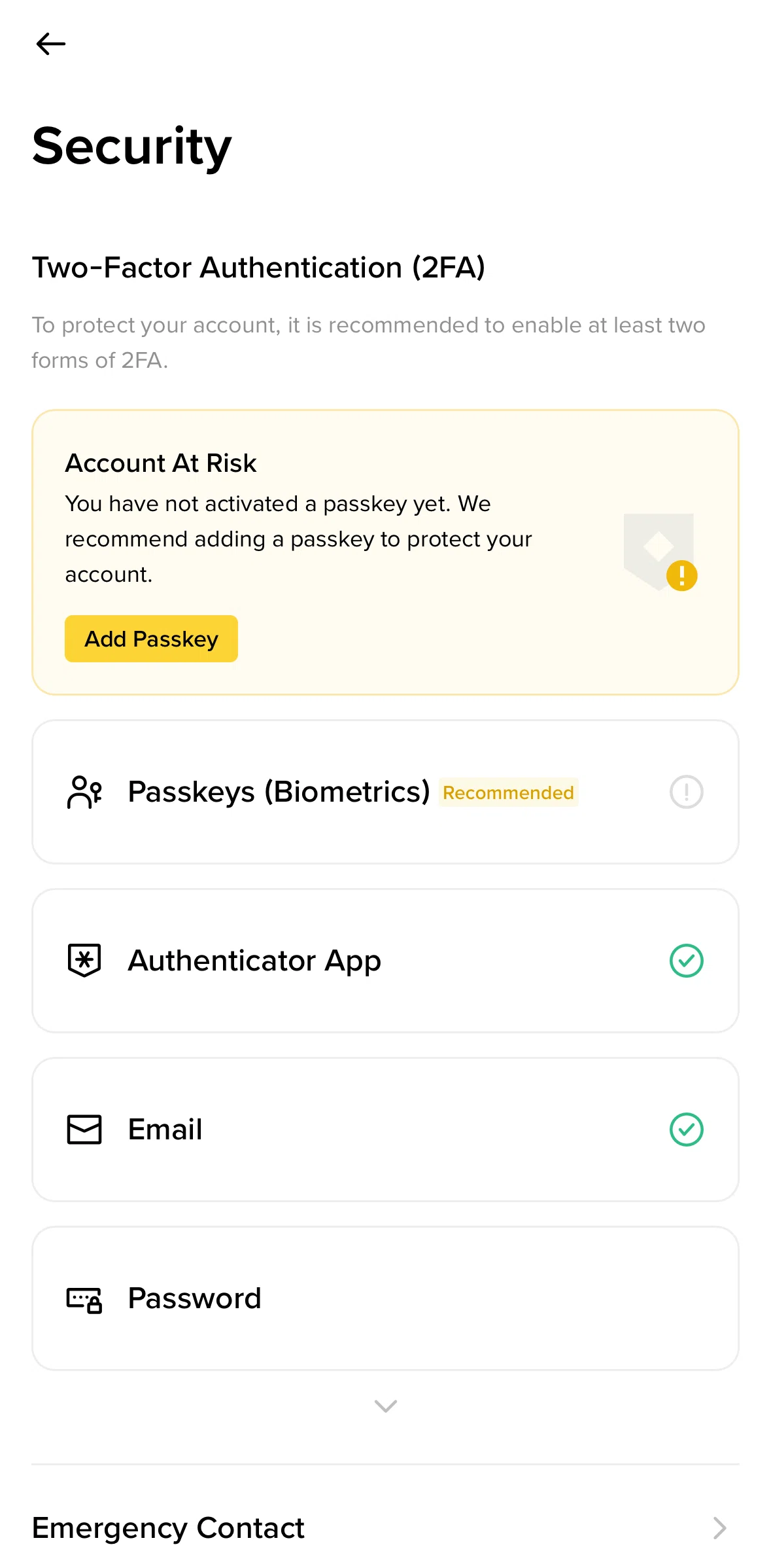 Binance Screen screen in the Adding a passkey flow