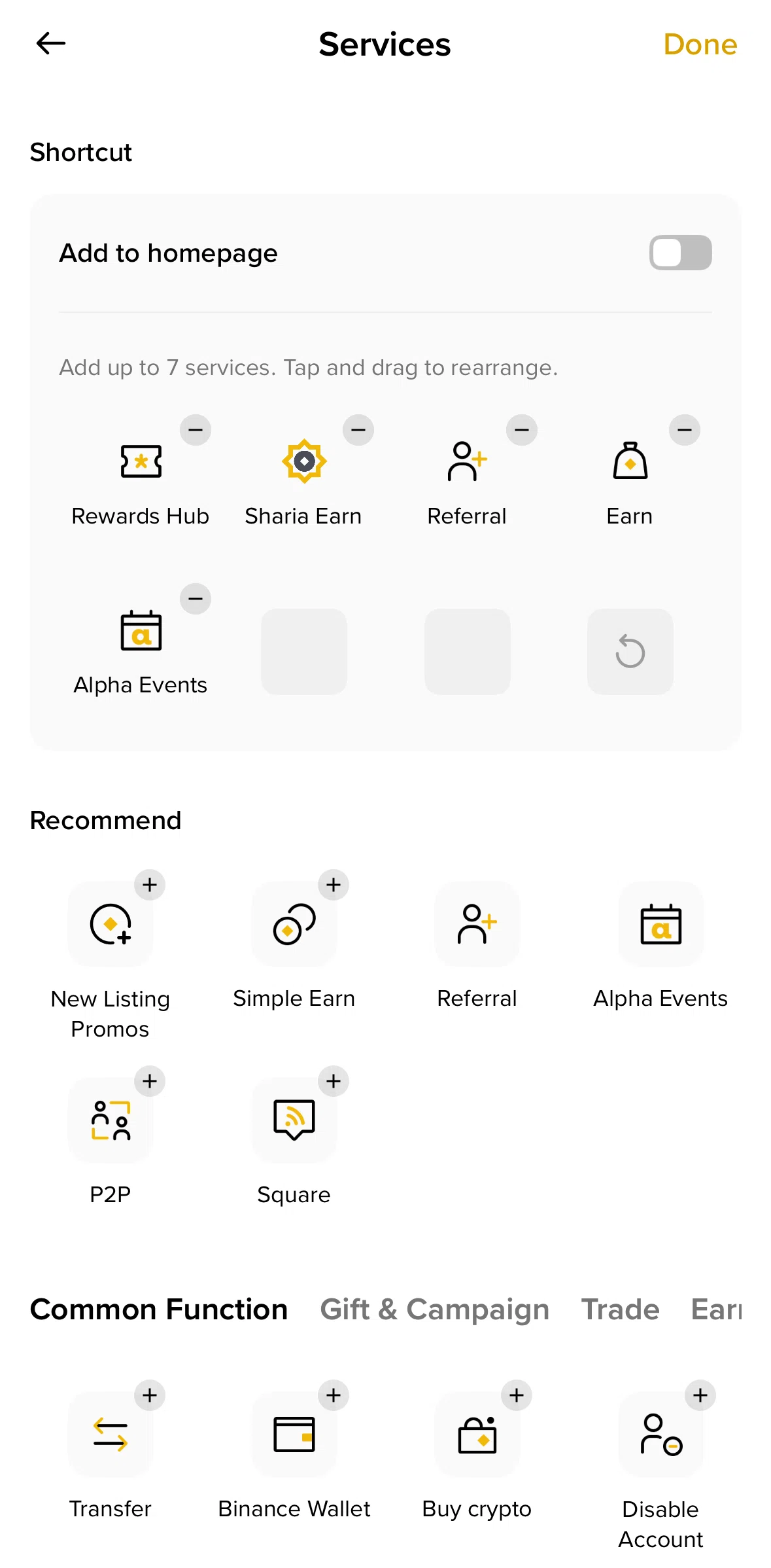 Binance Screen screen in the Adding a shortcut to menu flow