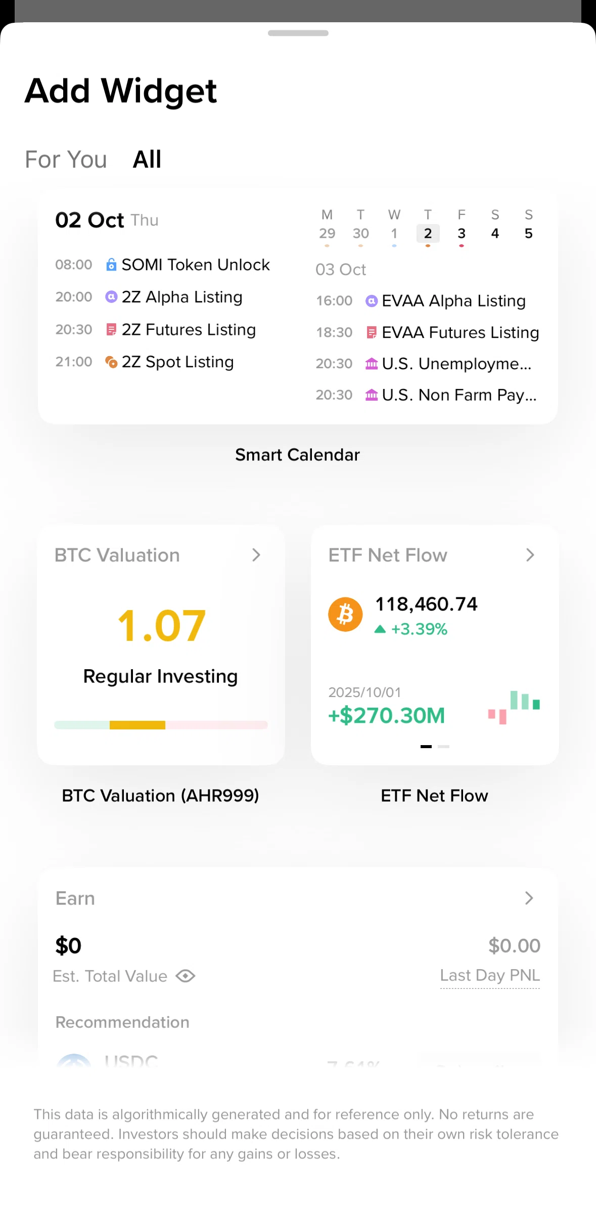 Binance Screen screen in the Adding a widget flow