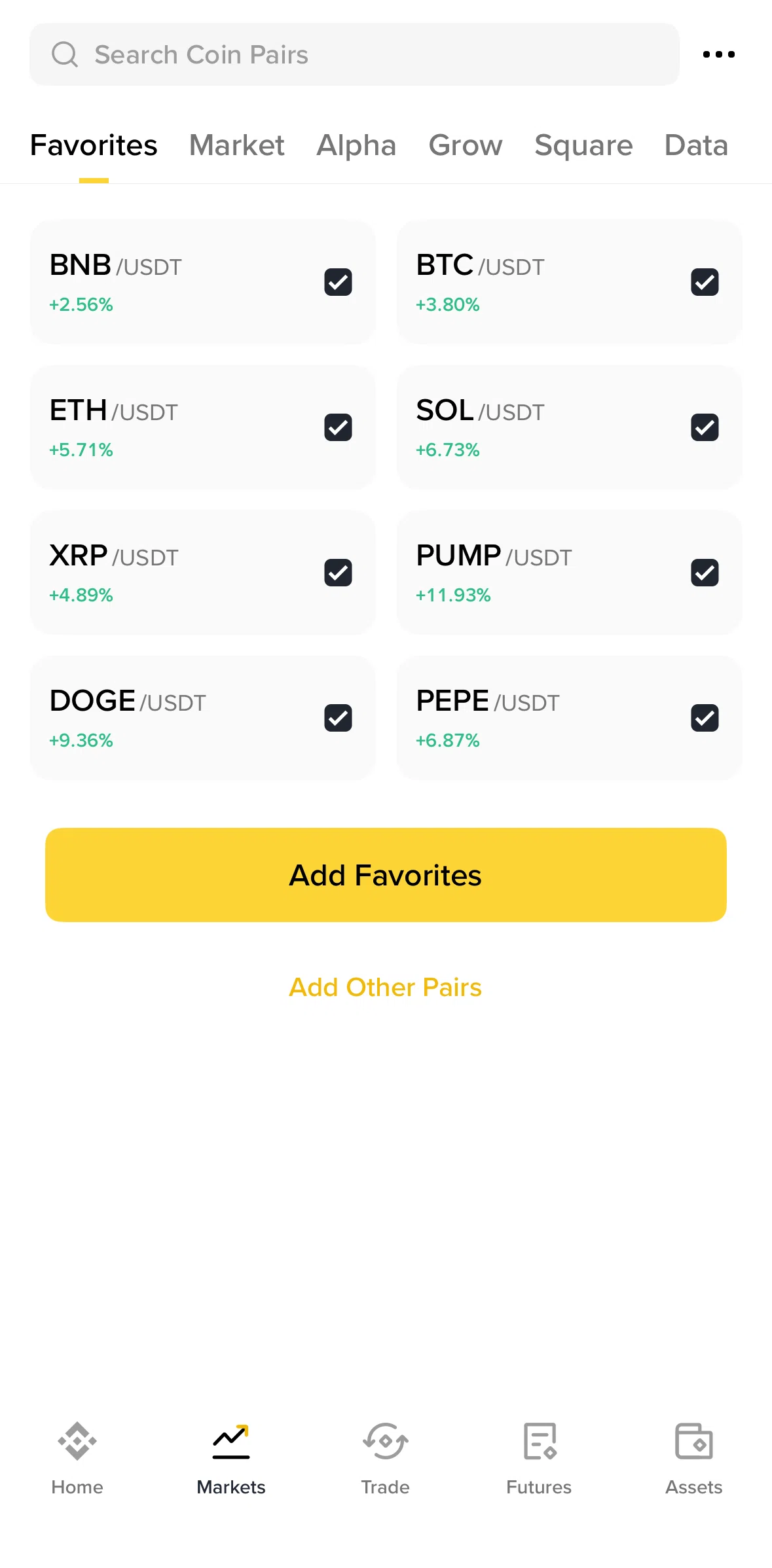 Binance Screen screen in the Adding coins to favorites flow