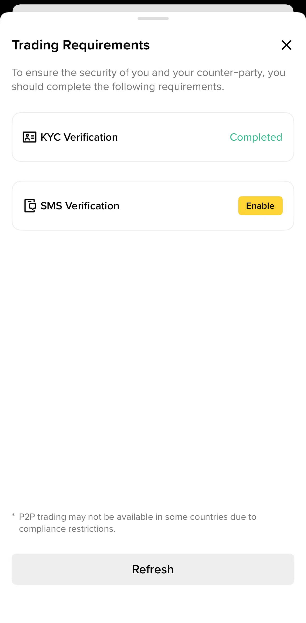 Binance Screen screen in the Adding SMS verification flow