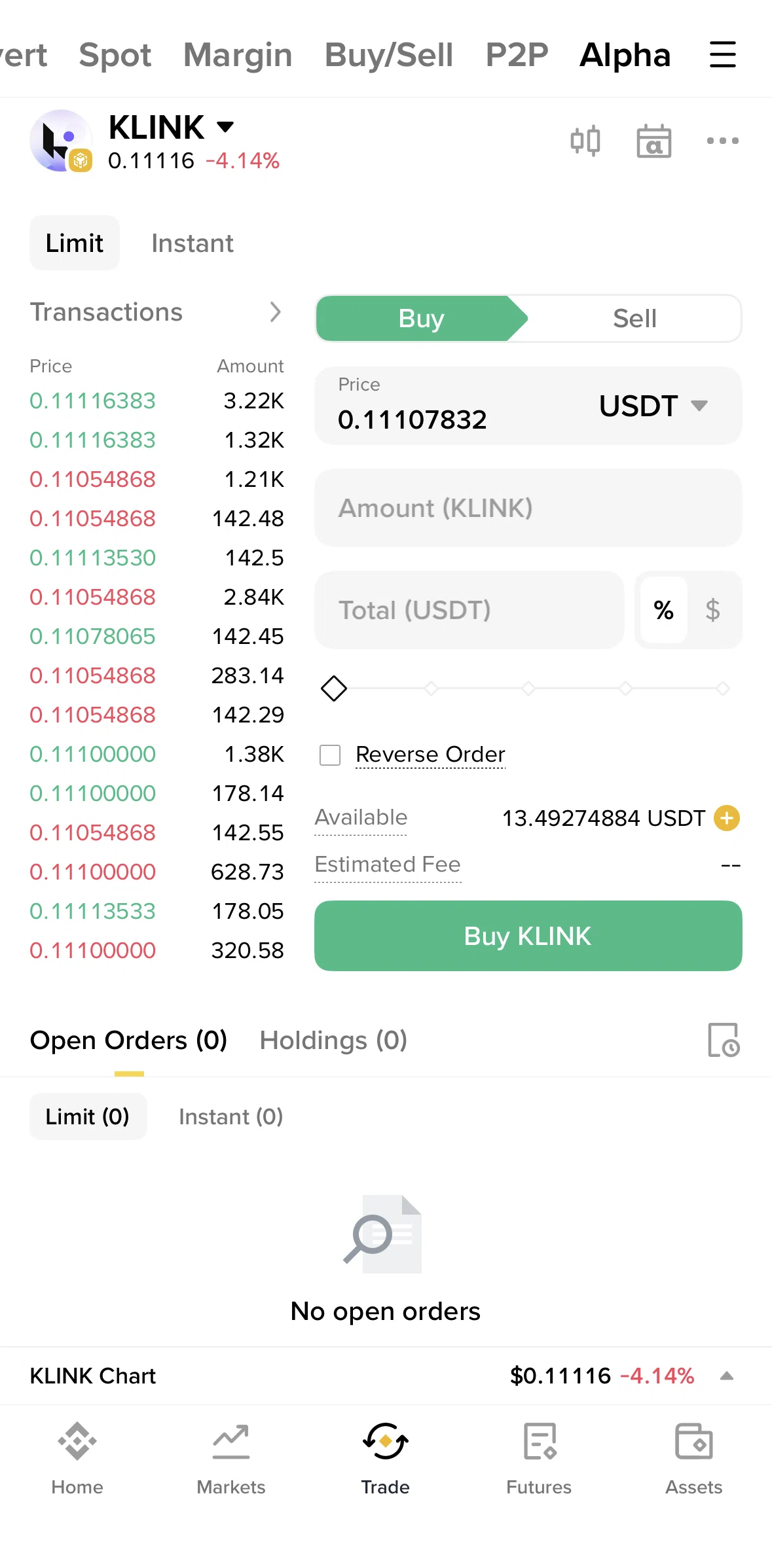 Binance Screen screen in the Alpha limit fee rate flow