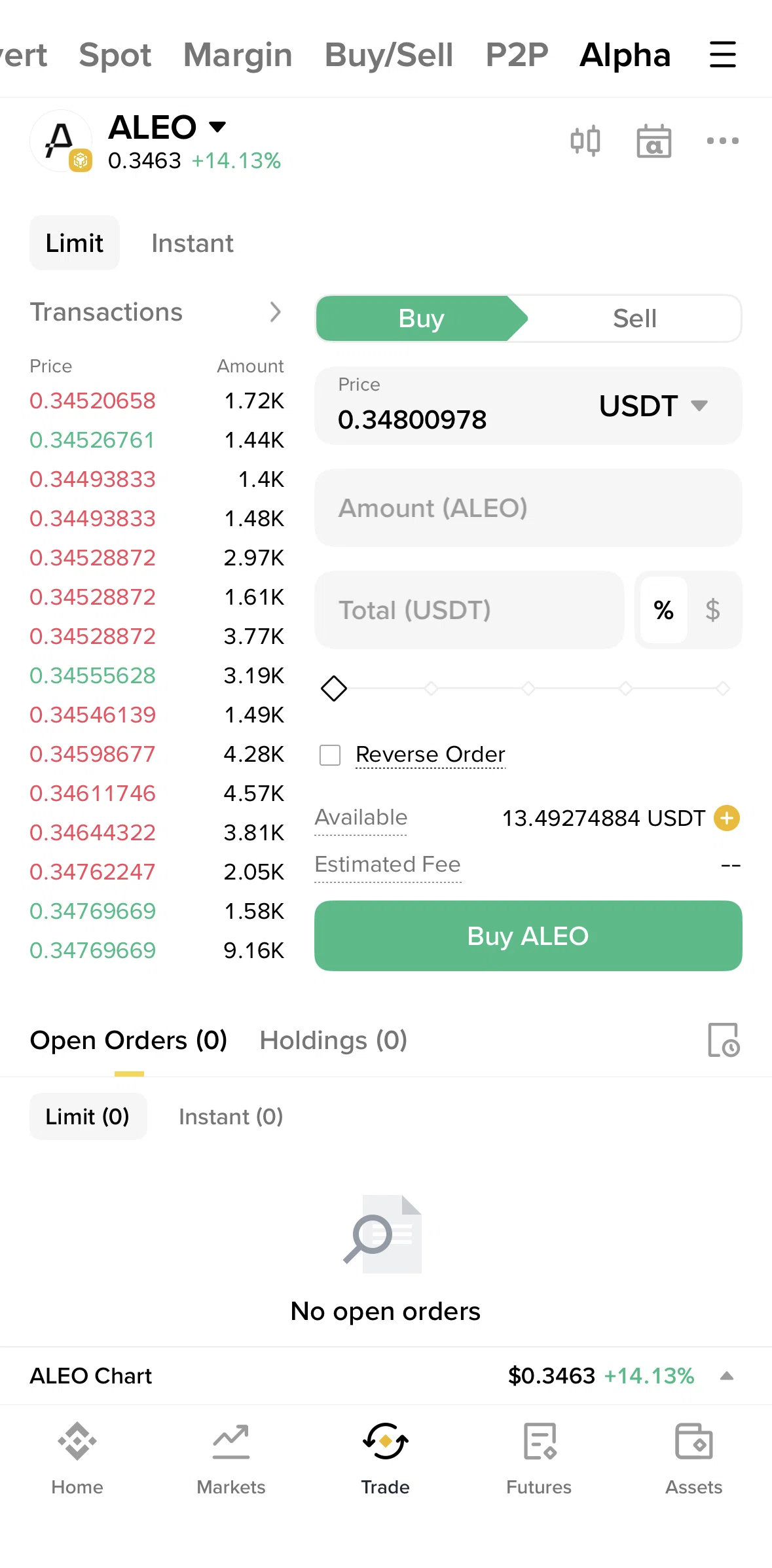 Binance Screen screen in the Alpha (Trade) flow