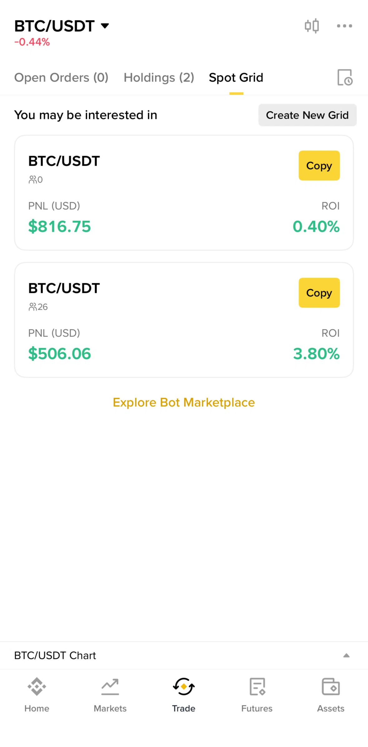 Binance Screen screen in the Bot detail flow