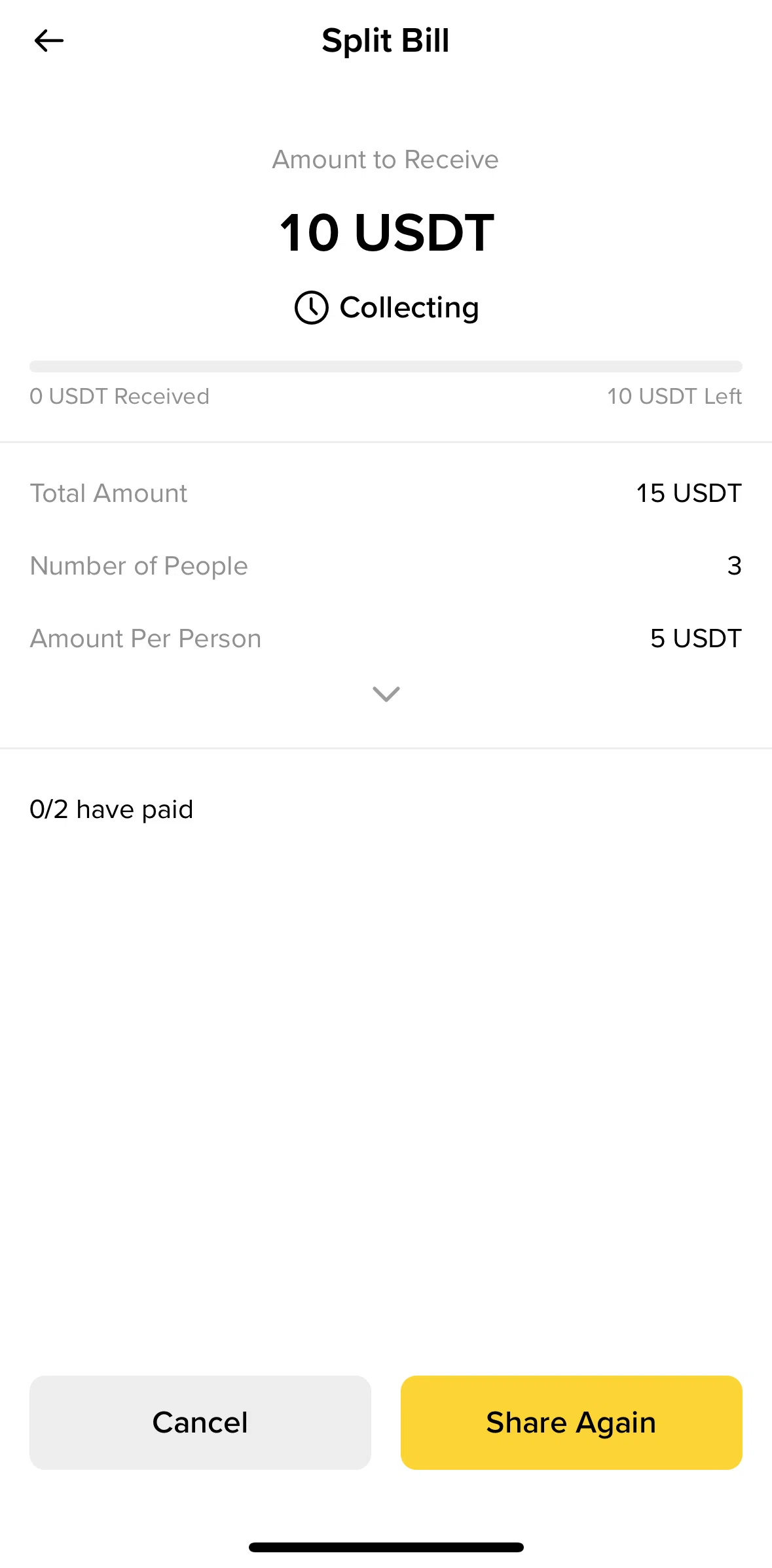 Binance Screen screen in the Cancelling a split bill flow