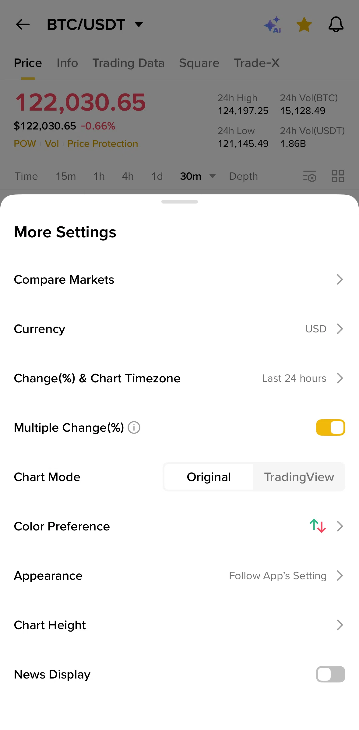 Binance Screen screen in the Changing color preference flow