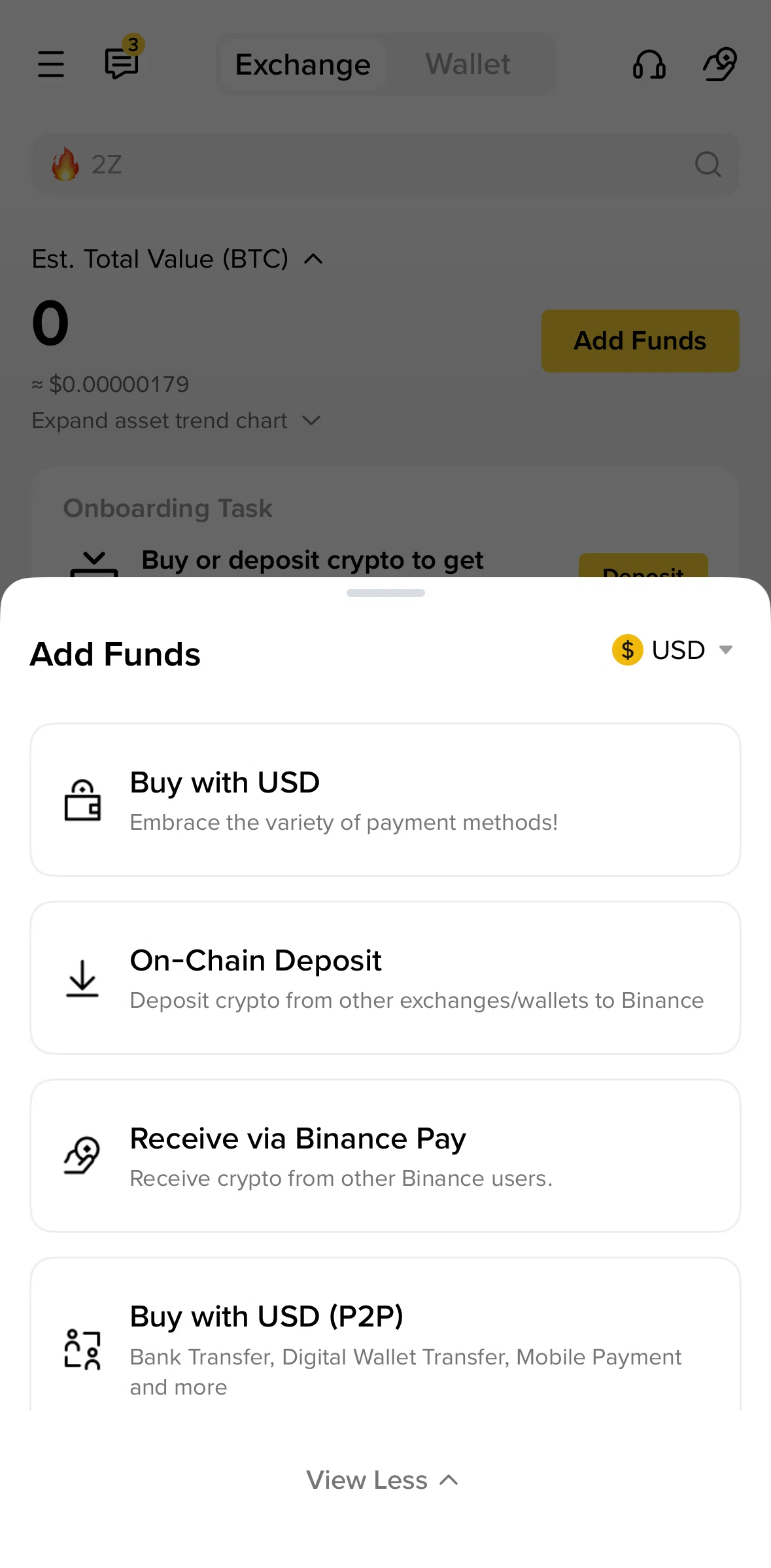Binance Screen screen in the Changing currency flow