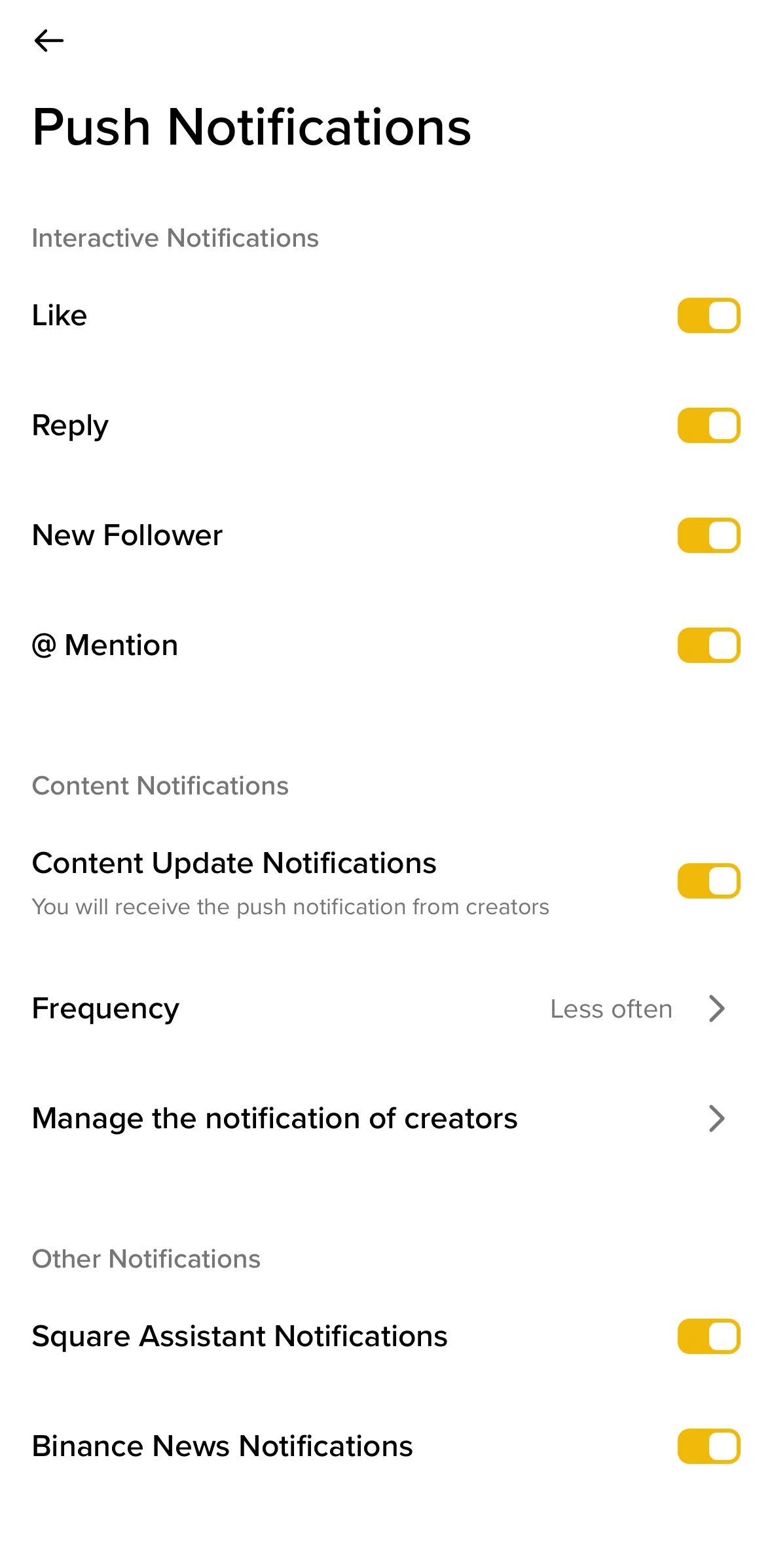 Binance Screen screen in the Changing notifications frequency flow