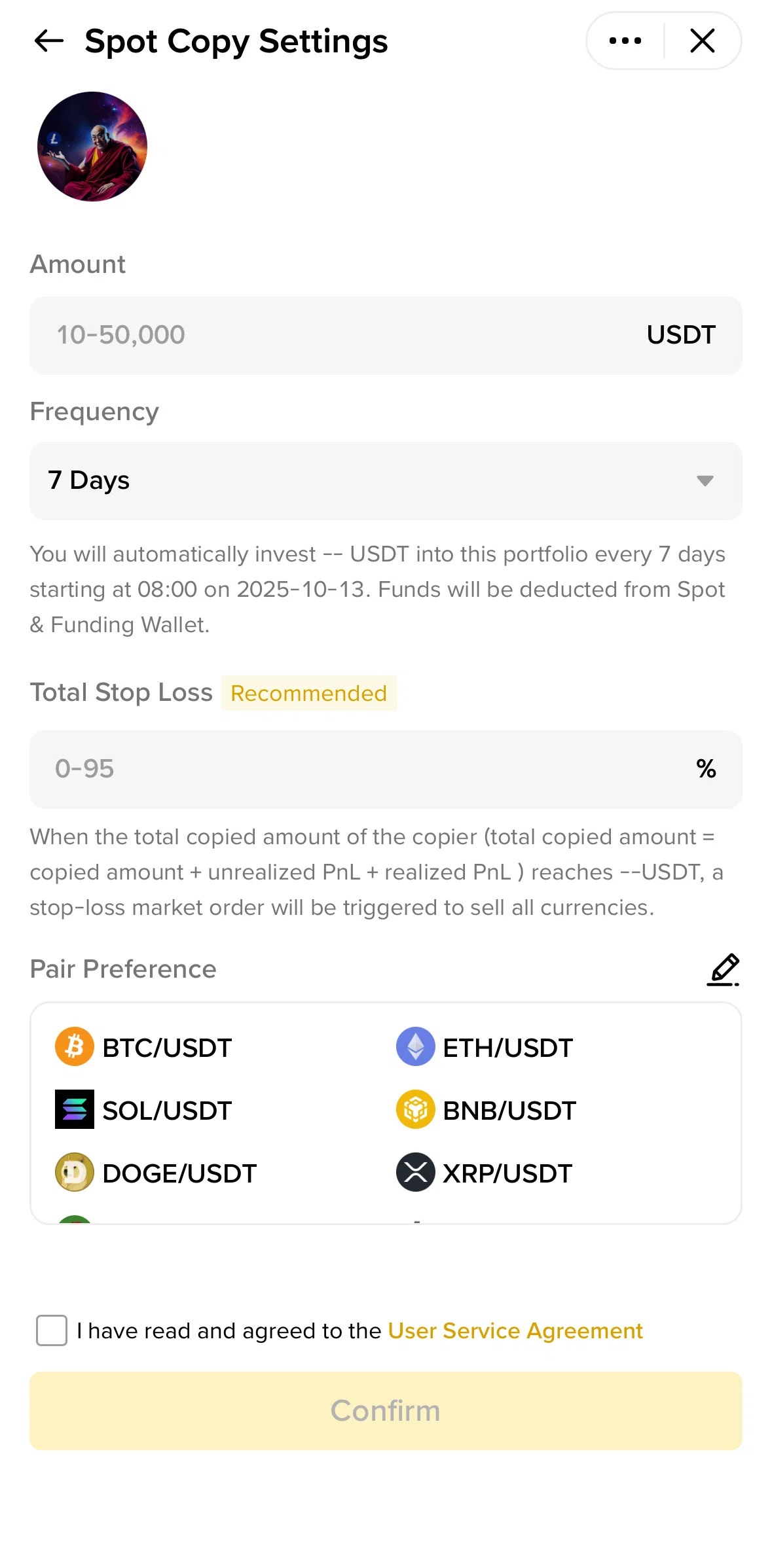Binance Screen screen in the Changing pair preference flow