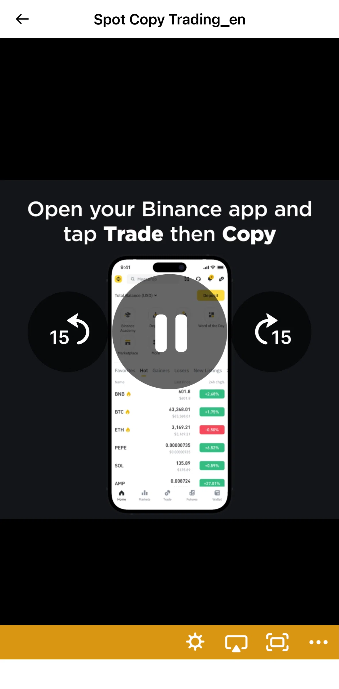 Binance Screen screen in the Changing video speed flow