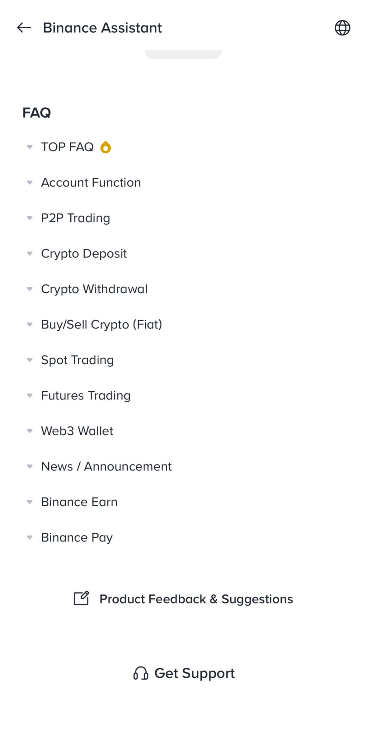 Binance Screen screen in the Chatting with Binance Assistant flow