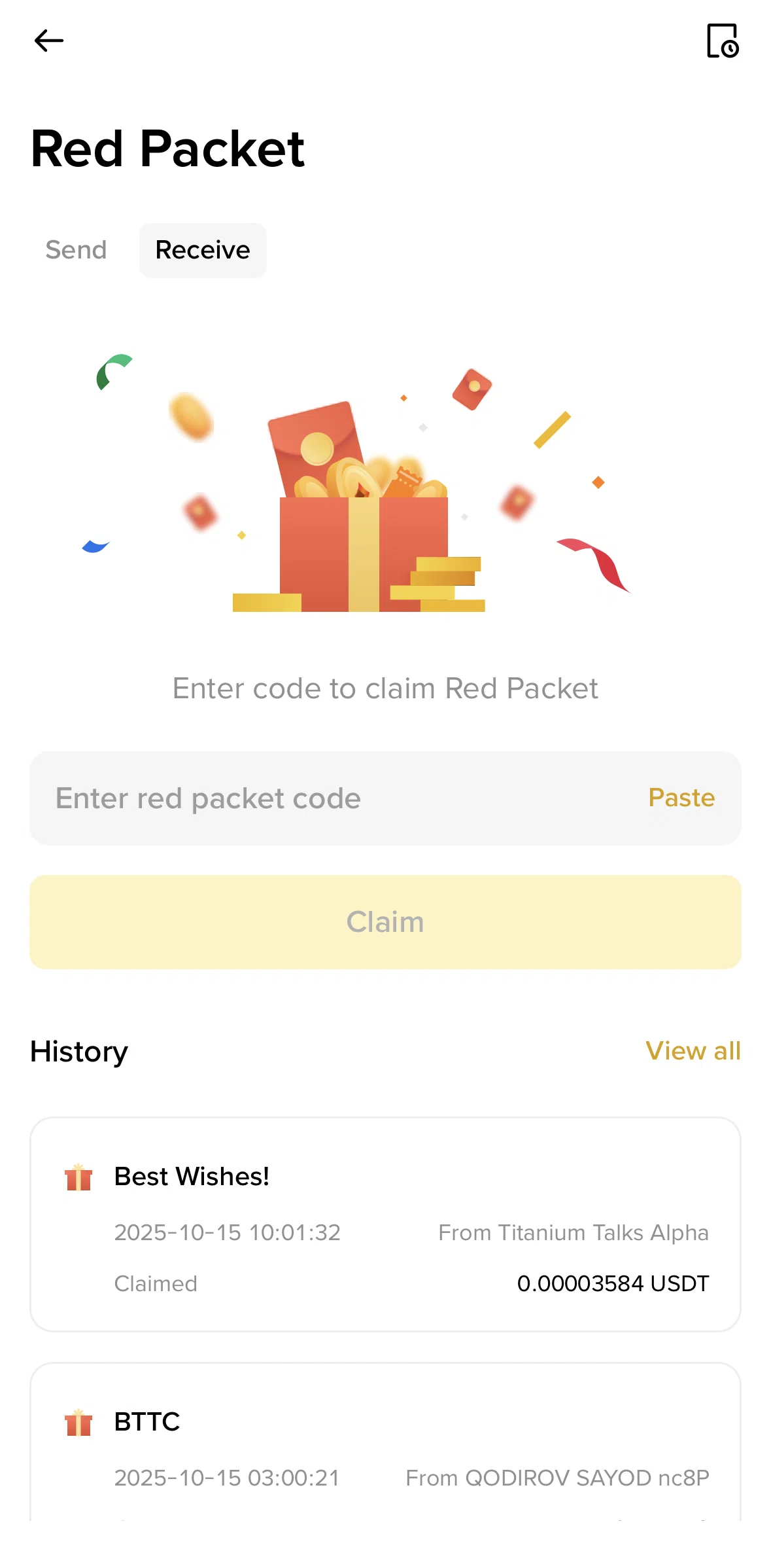 Binance Screen screen in the Claiming a red packet flow