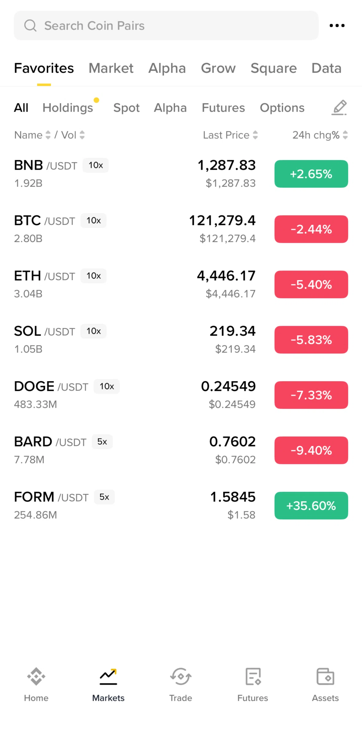 Binance Screen screen in the Coin detail (Markets) flow