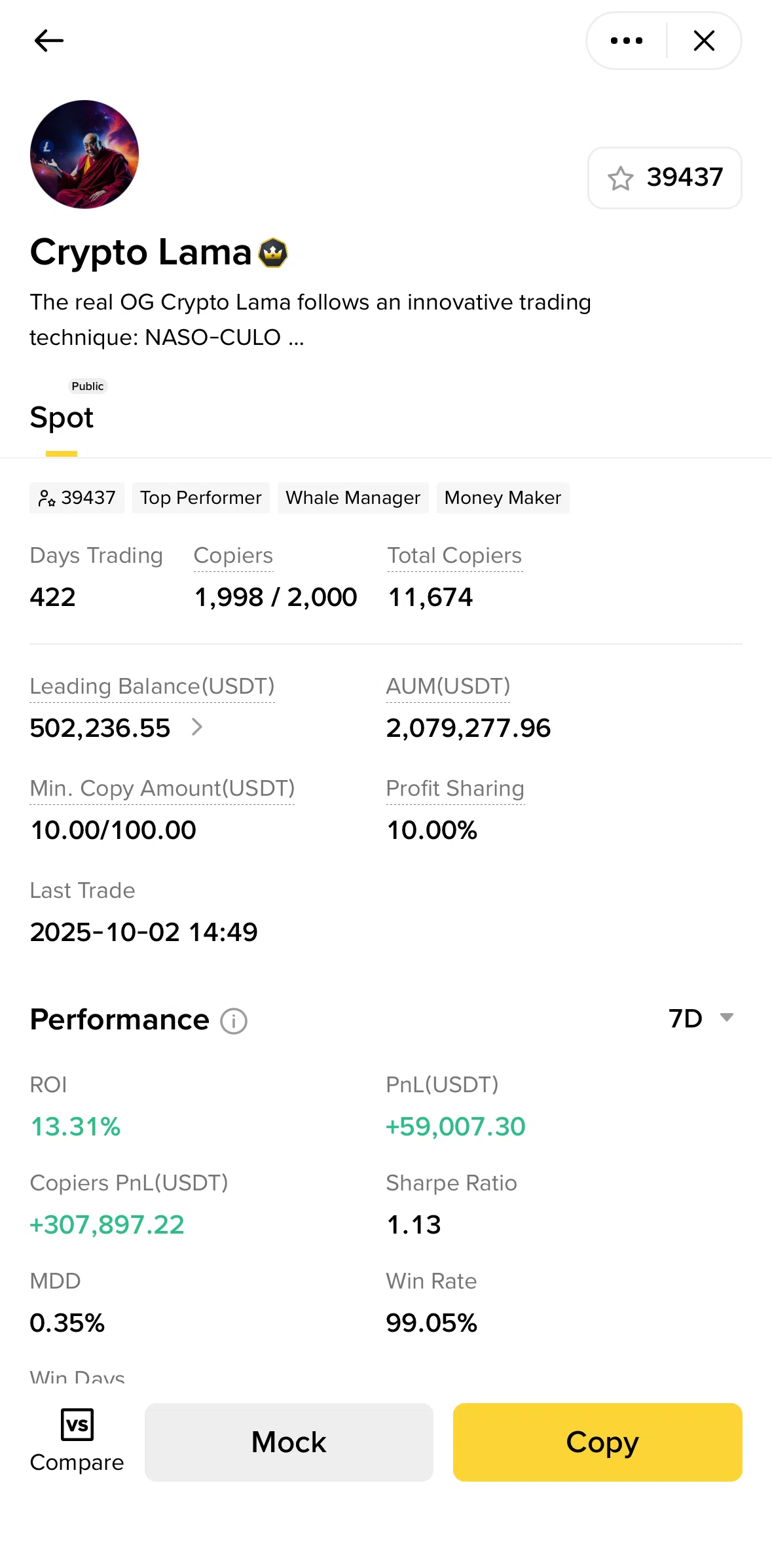 Binance Screen screen in the Comparing lead traders flow