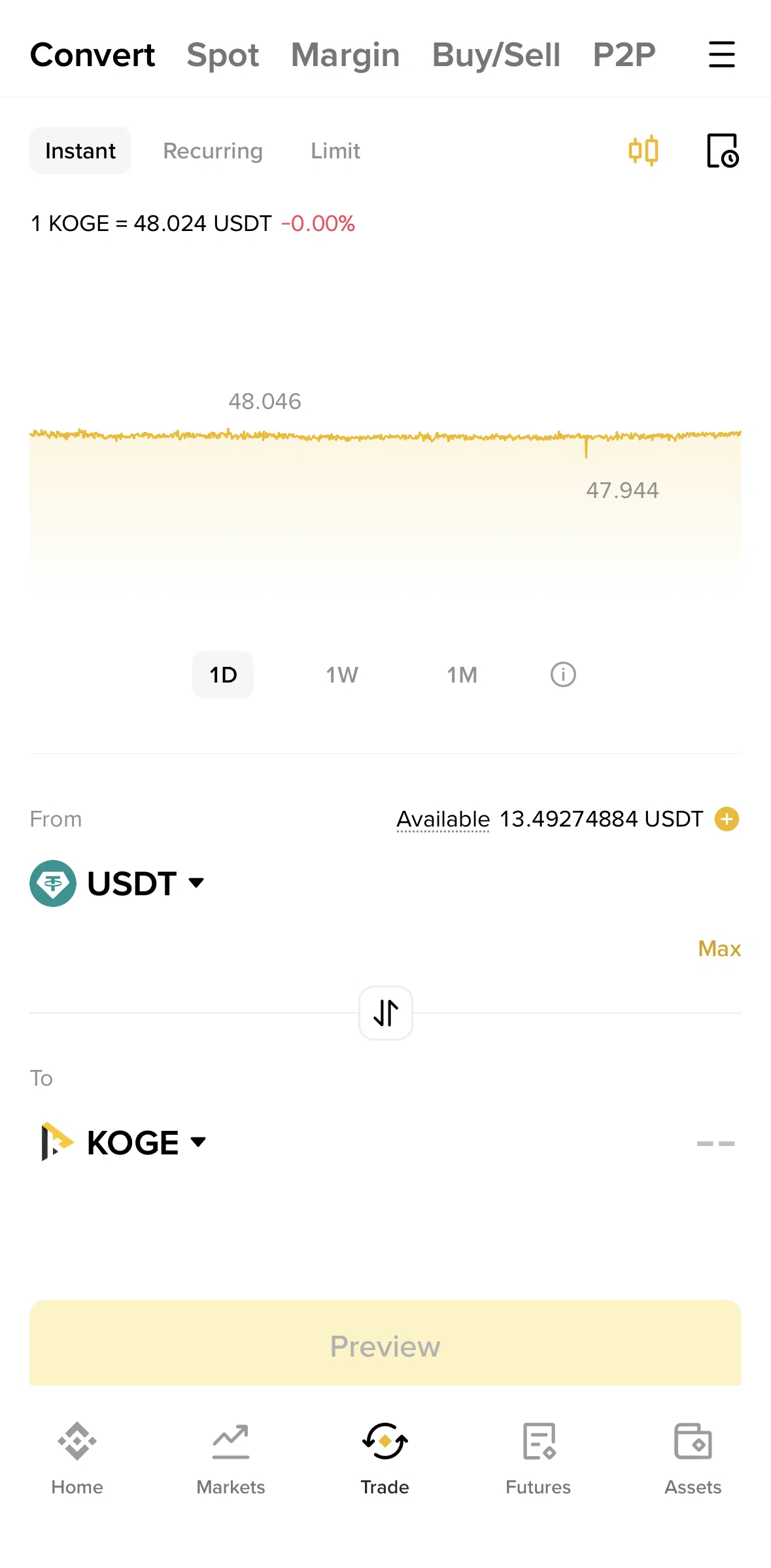 Binance Screen screen in the Convert flow