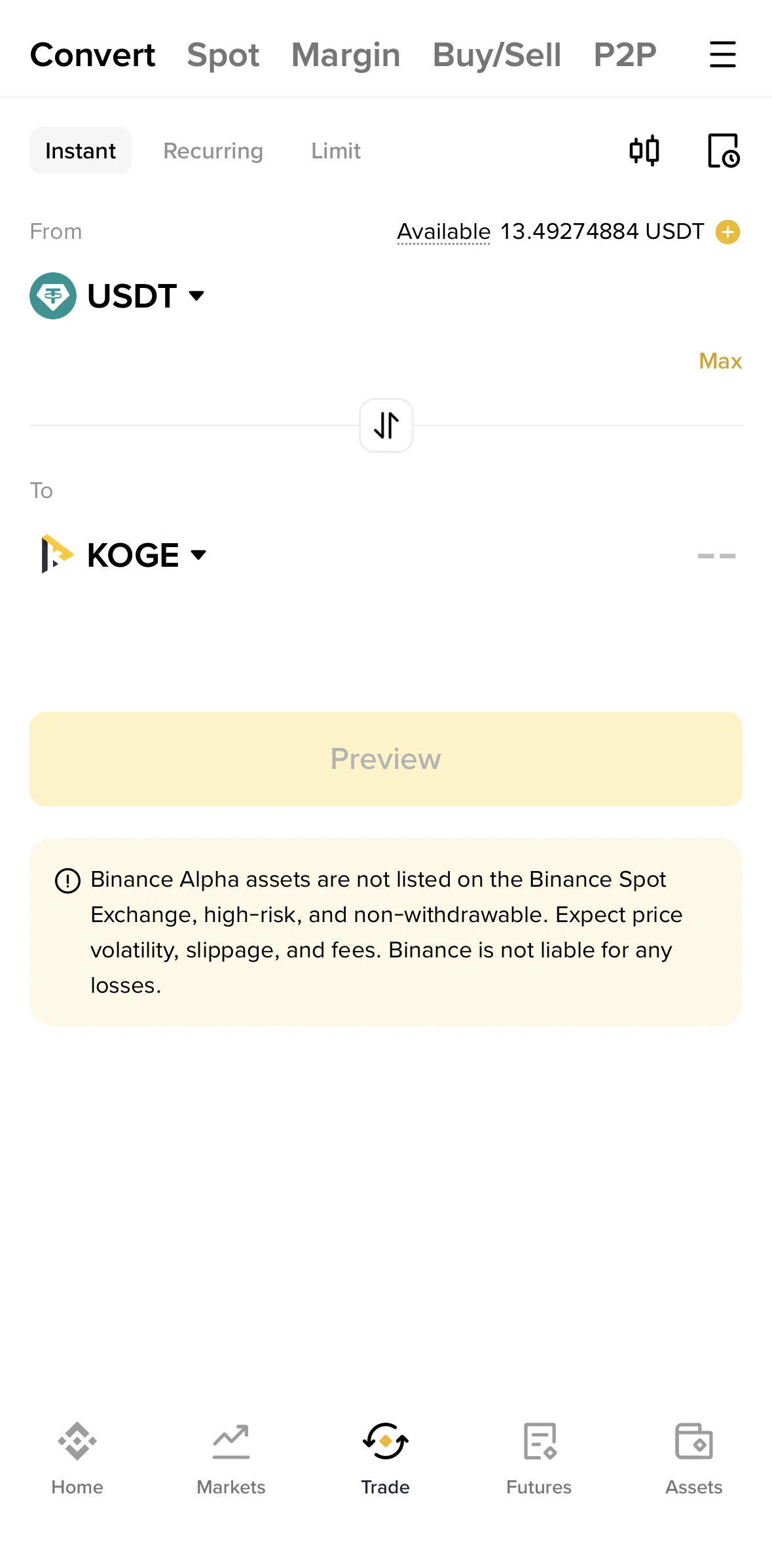 Binance Screen screen in the Converting a coin flow