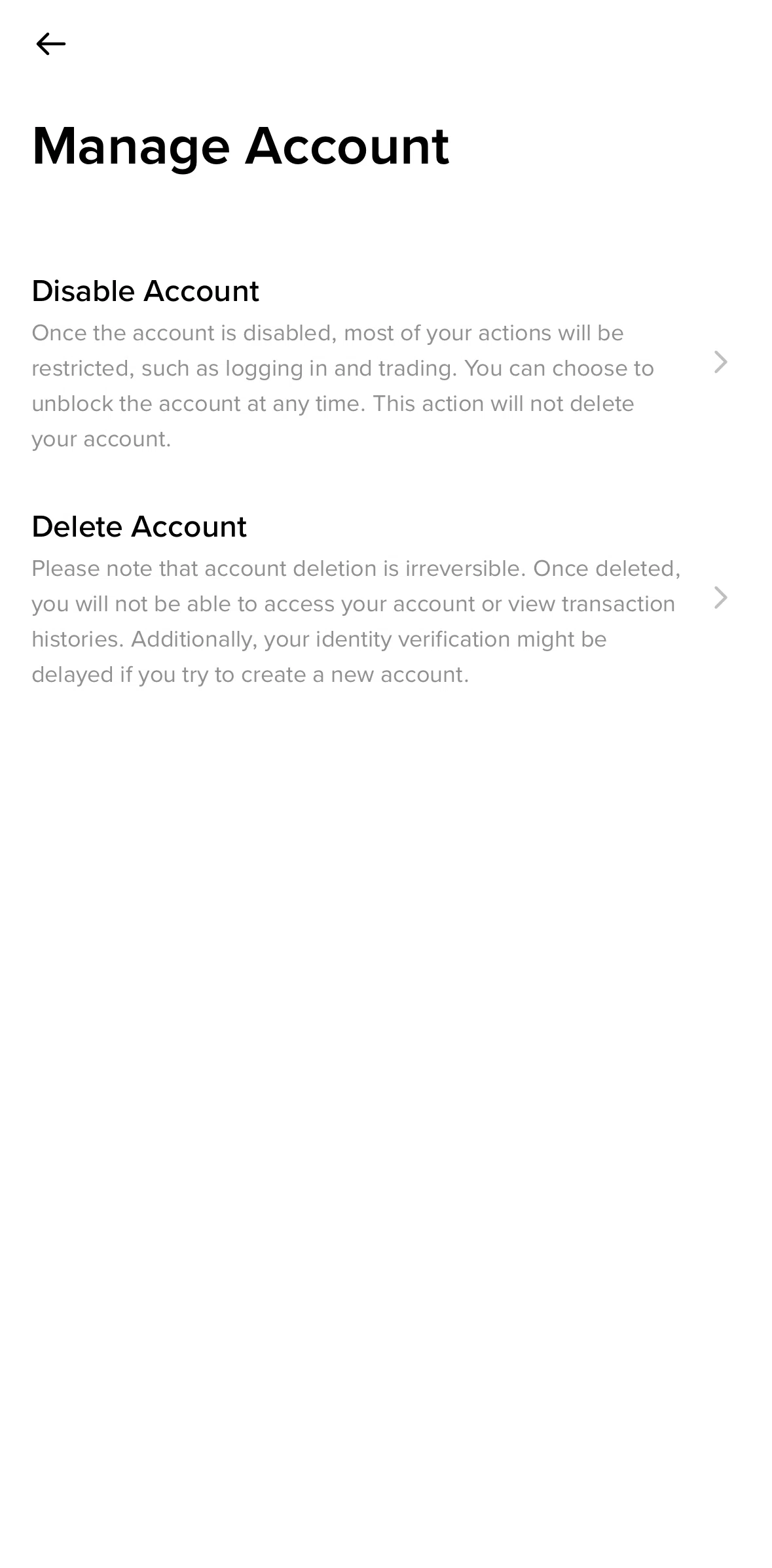 Binance Screen screen in the Delete account flow