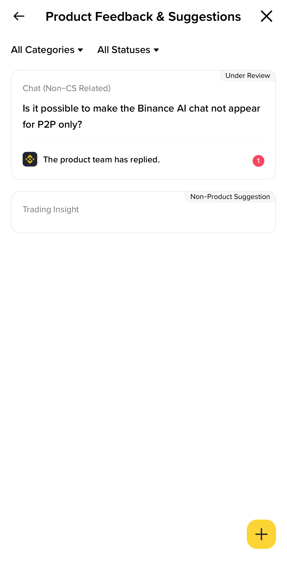 Binance Screen screen in the Deleting a feedback flow
