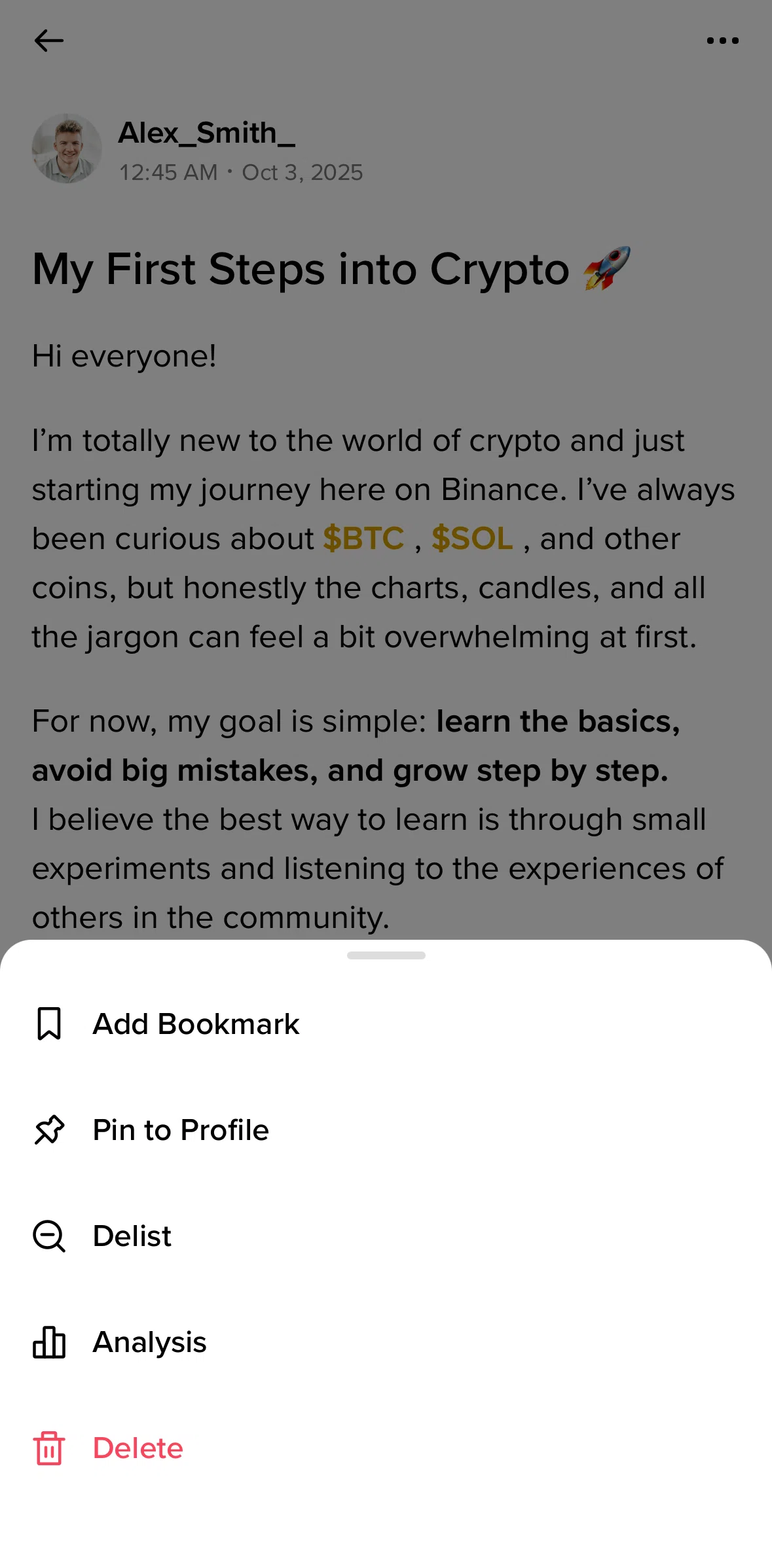 Binance Screen screen in the Delisting a post flow