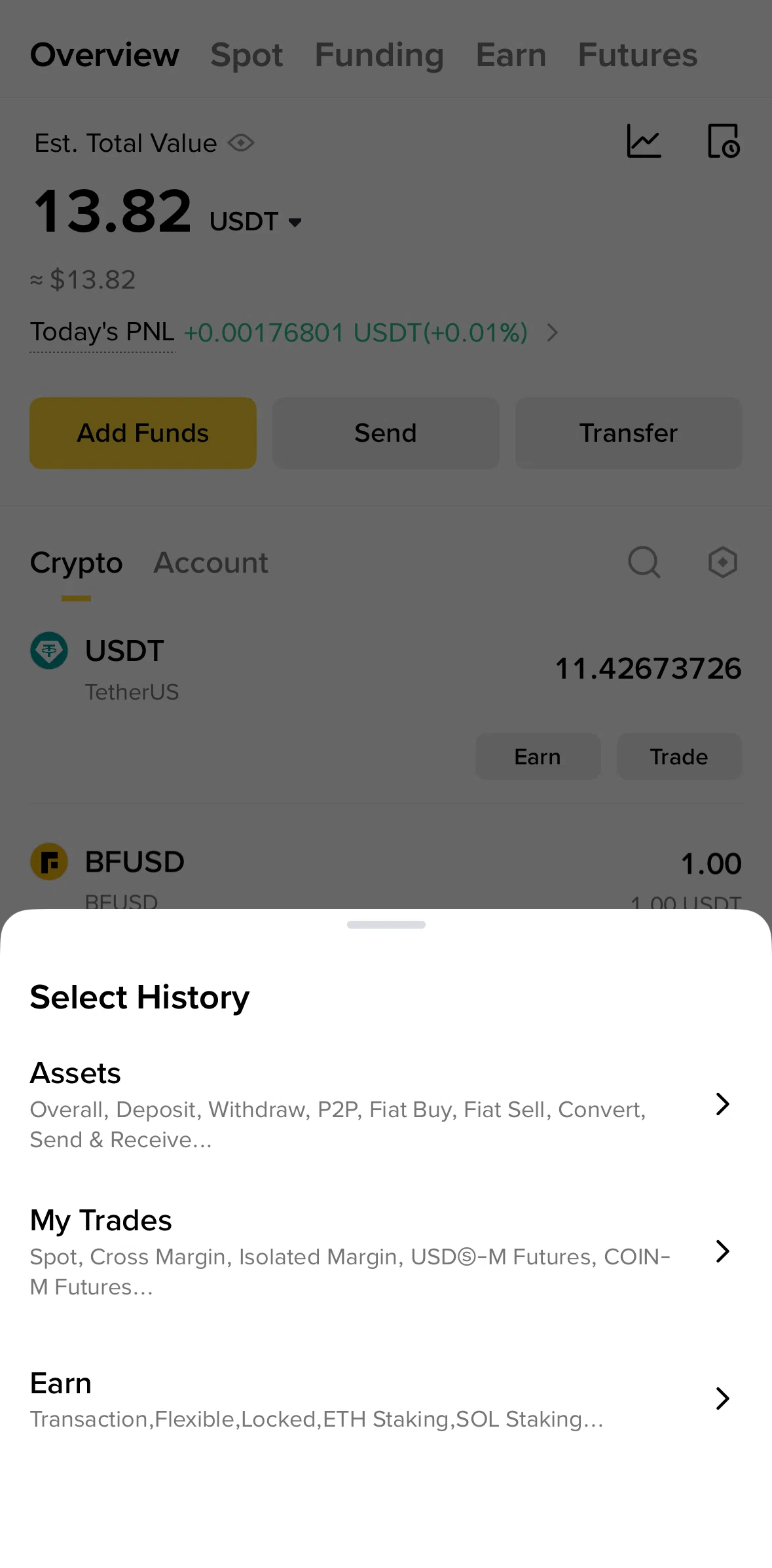 Binance Screen screen in the Earn history flow
