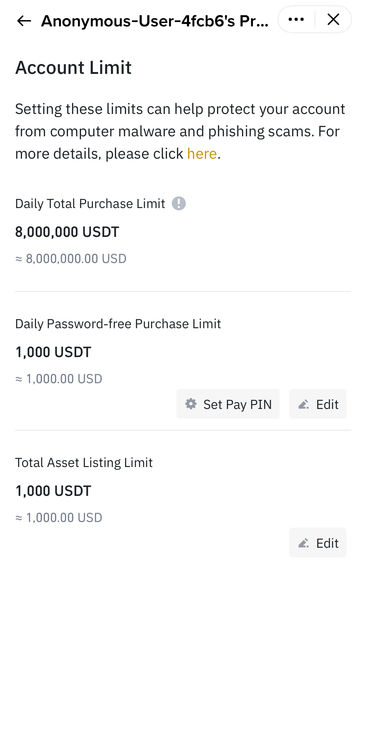 Binance Screen screen in the Editing listing limit flow